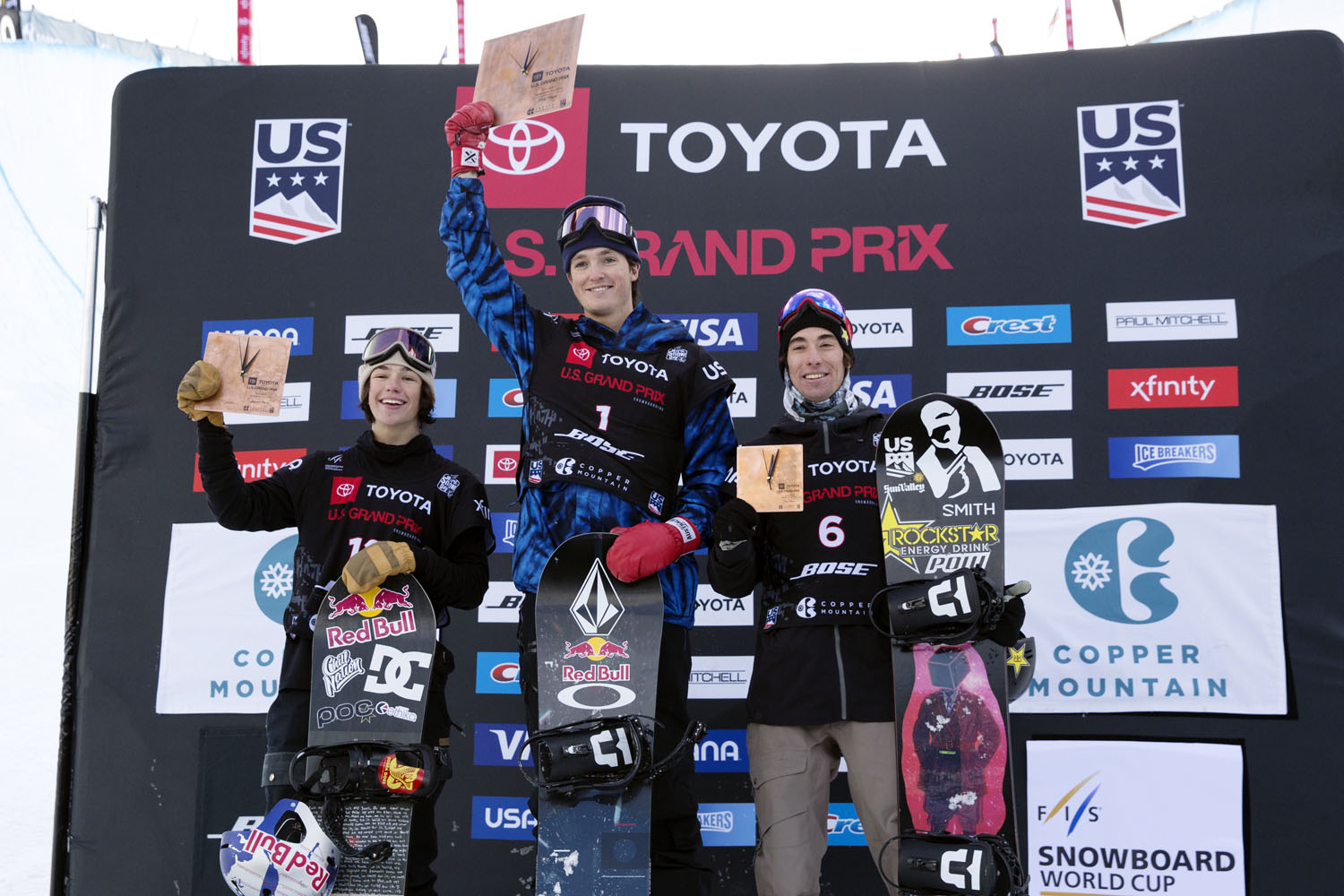Men's snowboard podium at Copper Mountain.