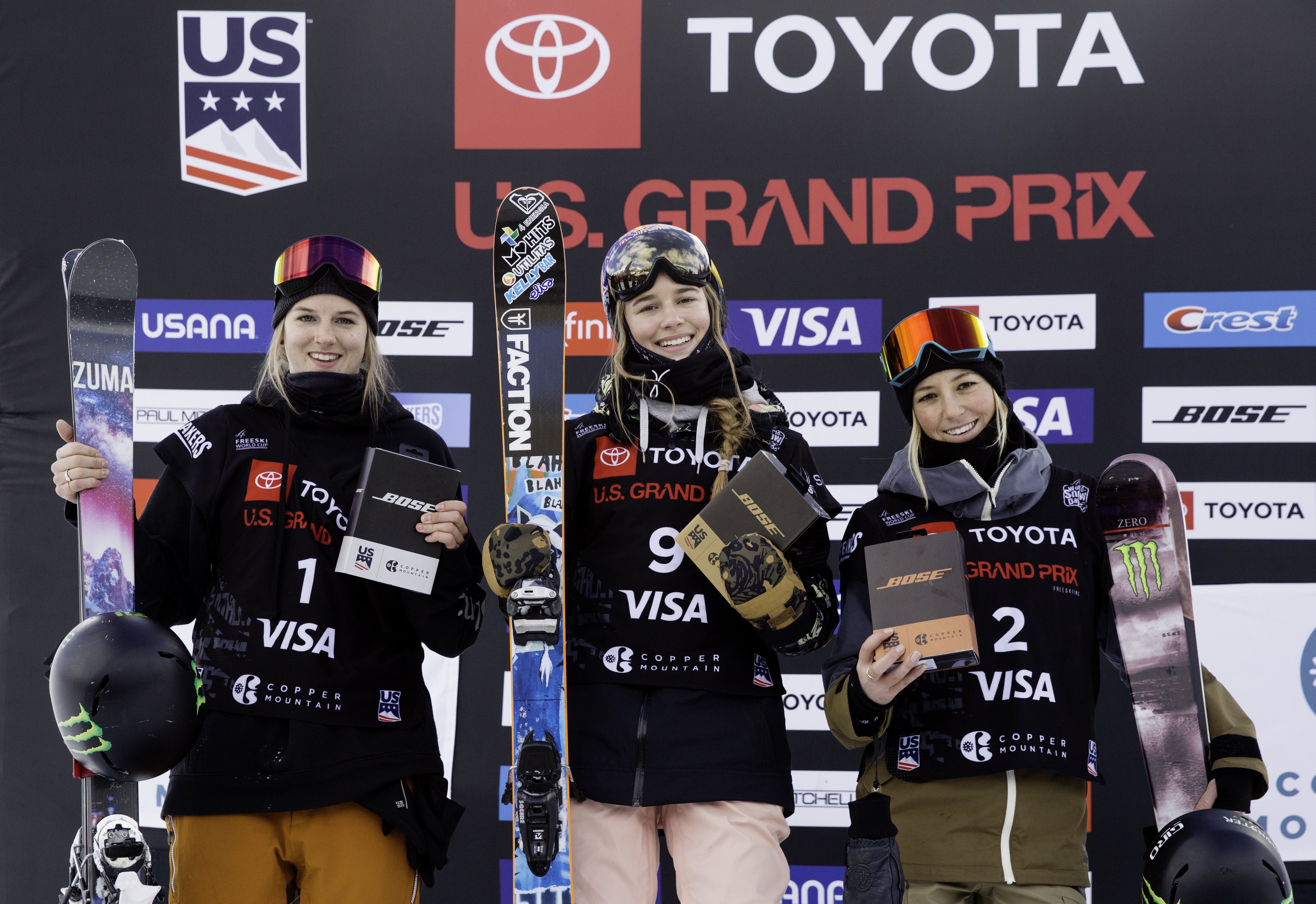 Women's freeski podium at the 2018 Toyota U.S. Grand Prix freeski finals at Copper Mountain. (U.S. Ski & Snowboard) Women's podium at freeski finals.