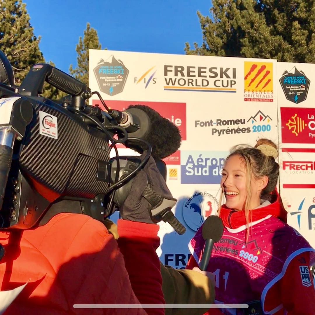 Eileen Gu getting interviewed after her first ever World Cup podium in Font Romeu. (Yan Gu) Eileen in Font Romeu