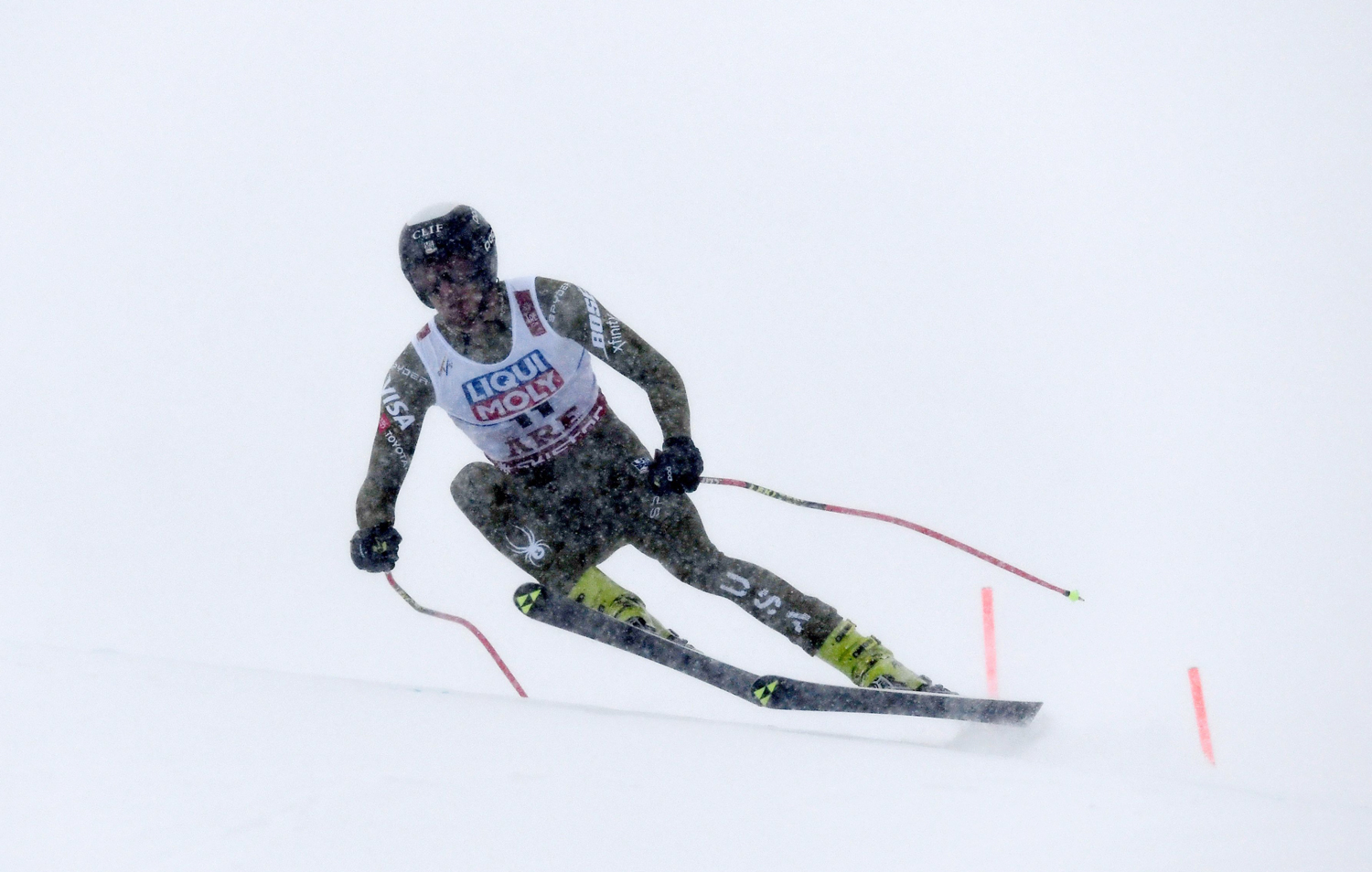 Bryce Bennett battles the conditions to finish ninth in Saturday’s World Championship downhill. (Getty Images/AFP - Jonathan Nackstrand) Bryce Bennett