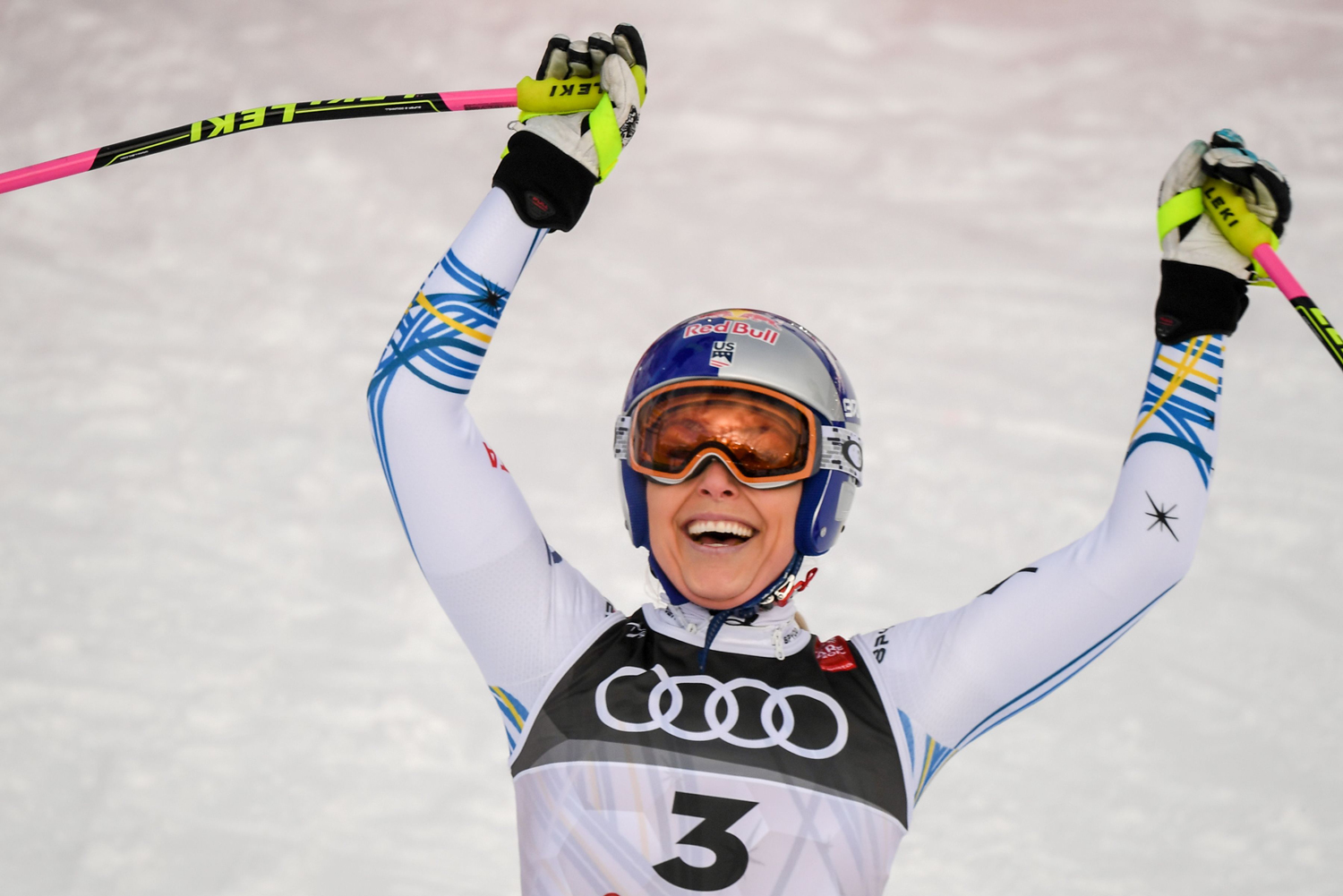 Lindsey Vonn celebrates after crossing the finish line one final time at the 2019 FIS Alpine Ski World Championships Sunday in Are, Sweden. (Getty Images/AFP - Francios Xavier Marit) Lindsey Vonn