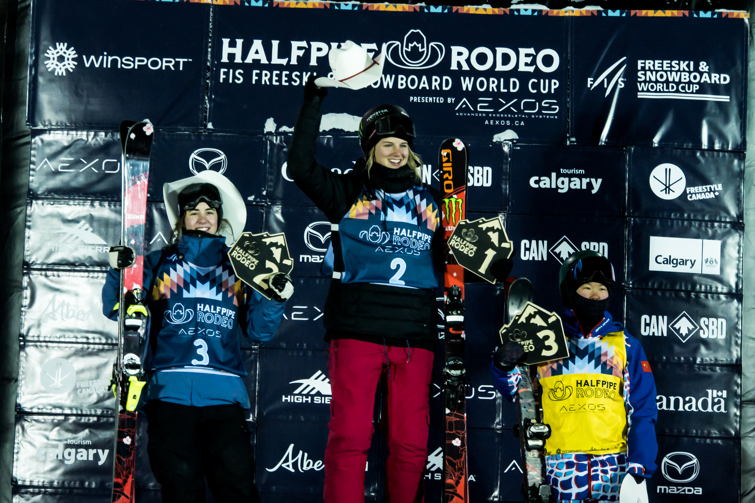 Women's podium at the FIS Freeski World Cup halfpipe finals in Calgary, Alberta, Canada. (FIS Freestyle - Mateusz Kielpinski) Ladies Podium at Calgary World cup