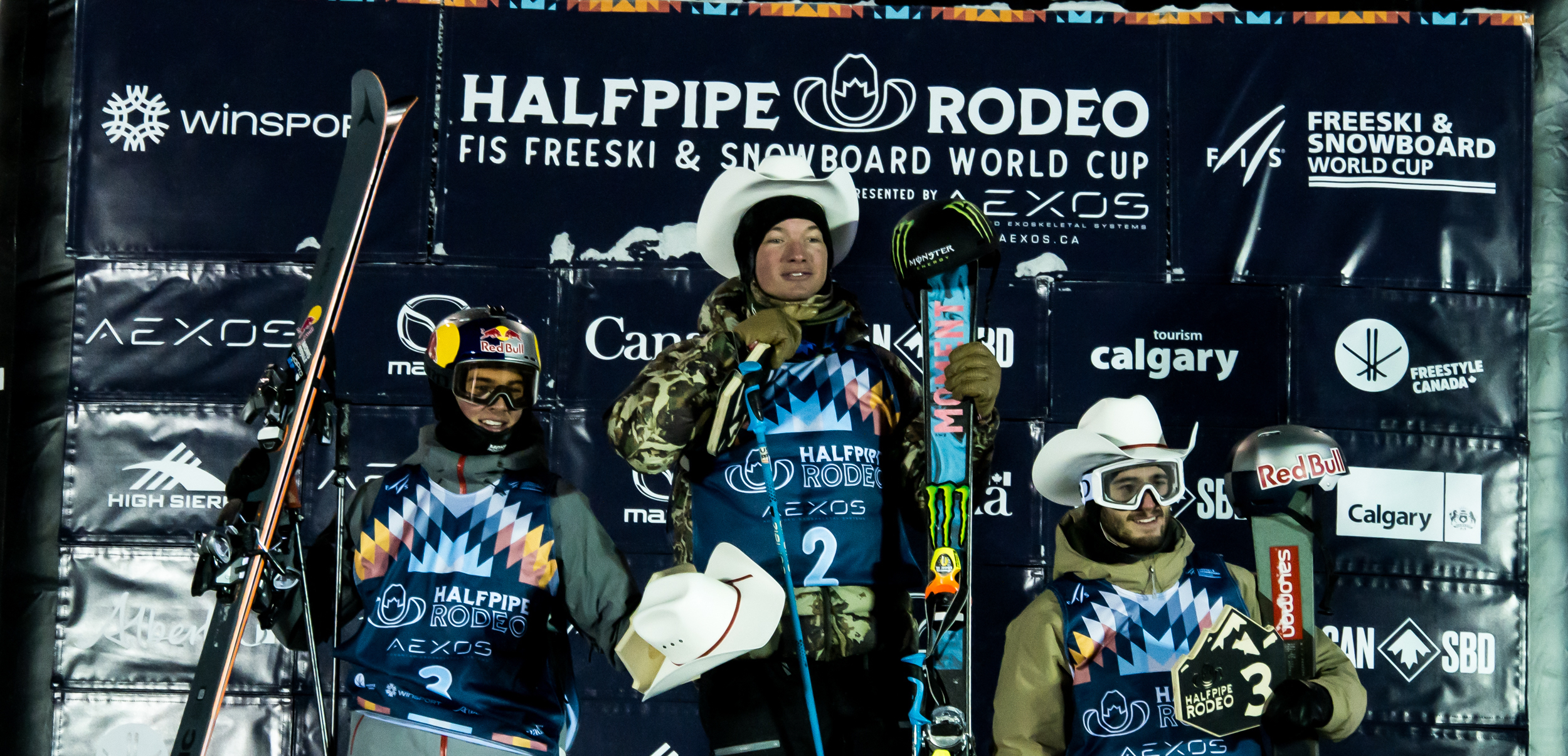 Men's podium at the FIS Freeski World Cup halfpipe finals in Calgary, Alberta, Canada. (FIS Freestyle - Mateusz Kielpinski) David Wise in Calgary