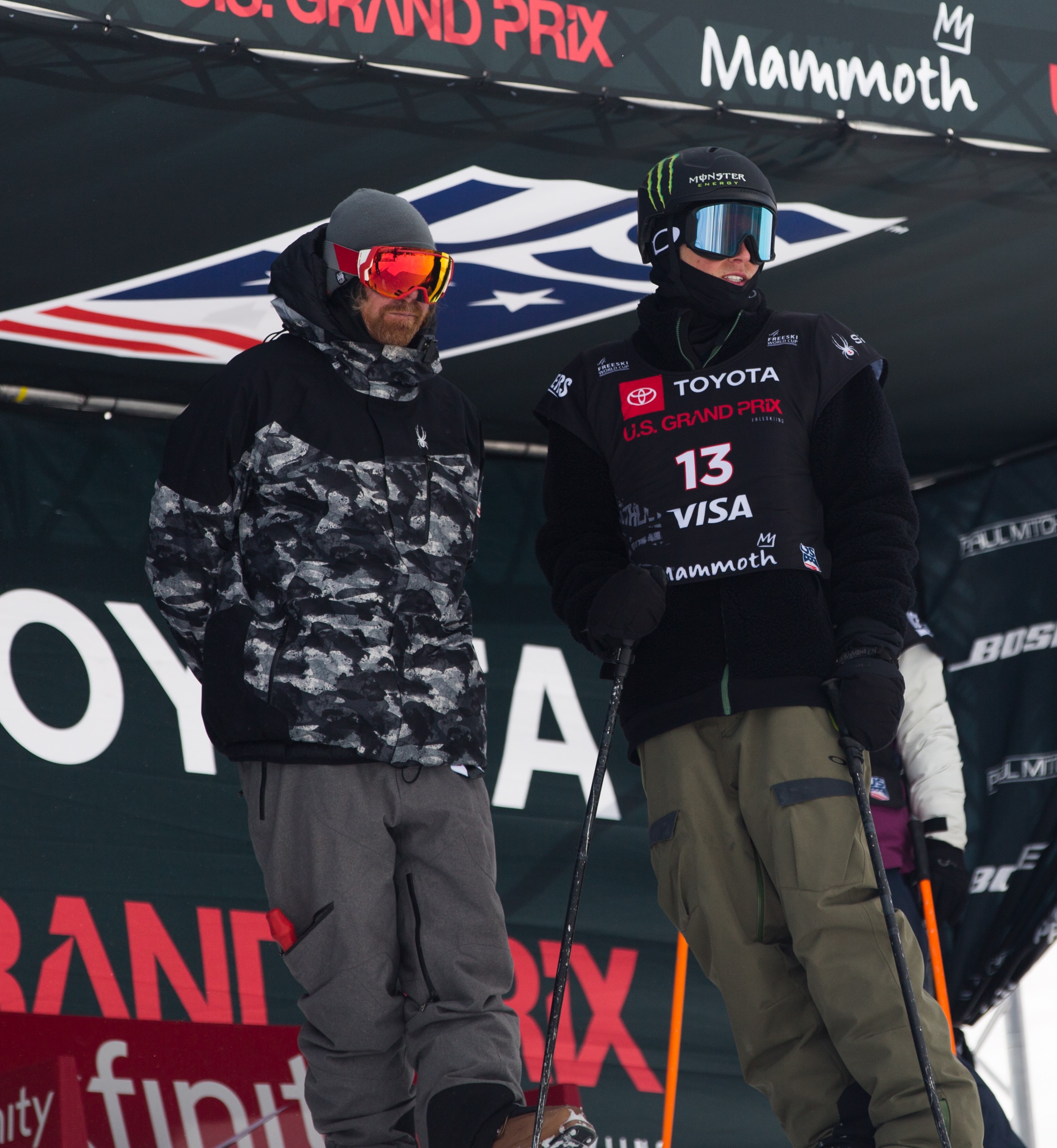 Coach Skogen Sprang and Colby Stevenson at the 2019 Toyota U.S. Grand Prix at Mammoth Mountain, CA. (U.S. Ski & Snowboard - Sarah Brunson) Colby and Skogen