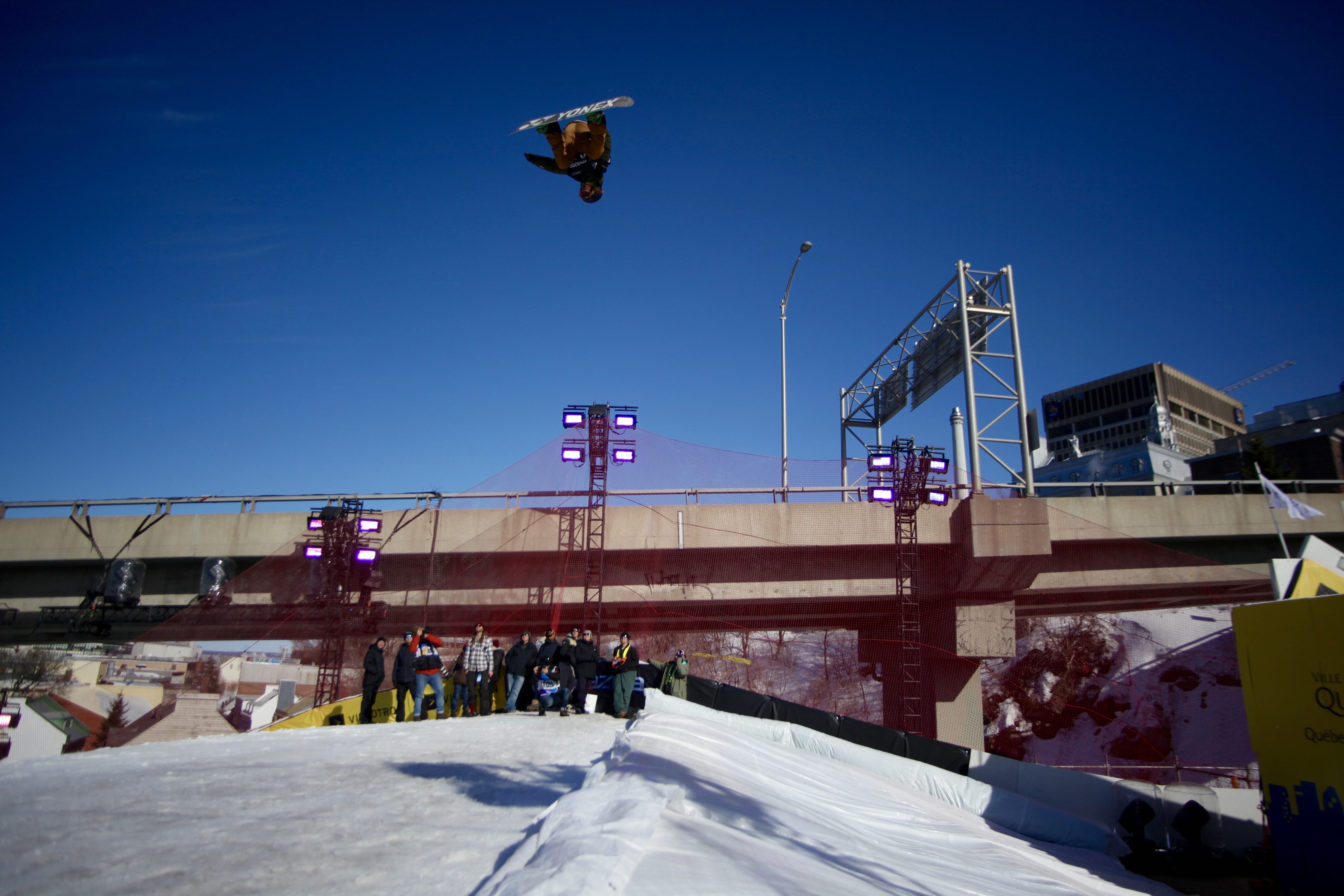 2018 Quebec City FIS World Cup Big Air. (FIS Snowboard)  Snowboarder in Quebec