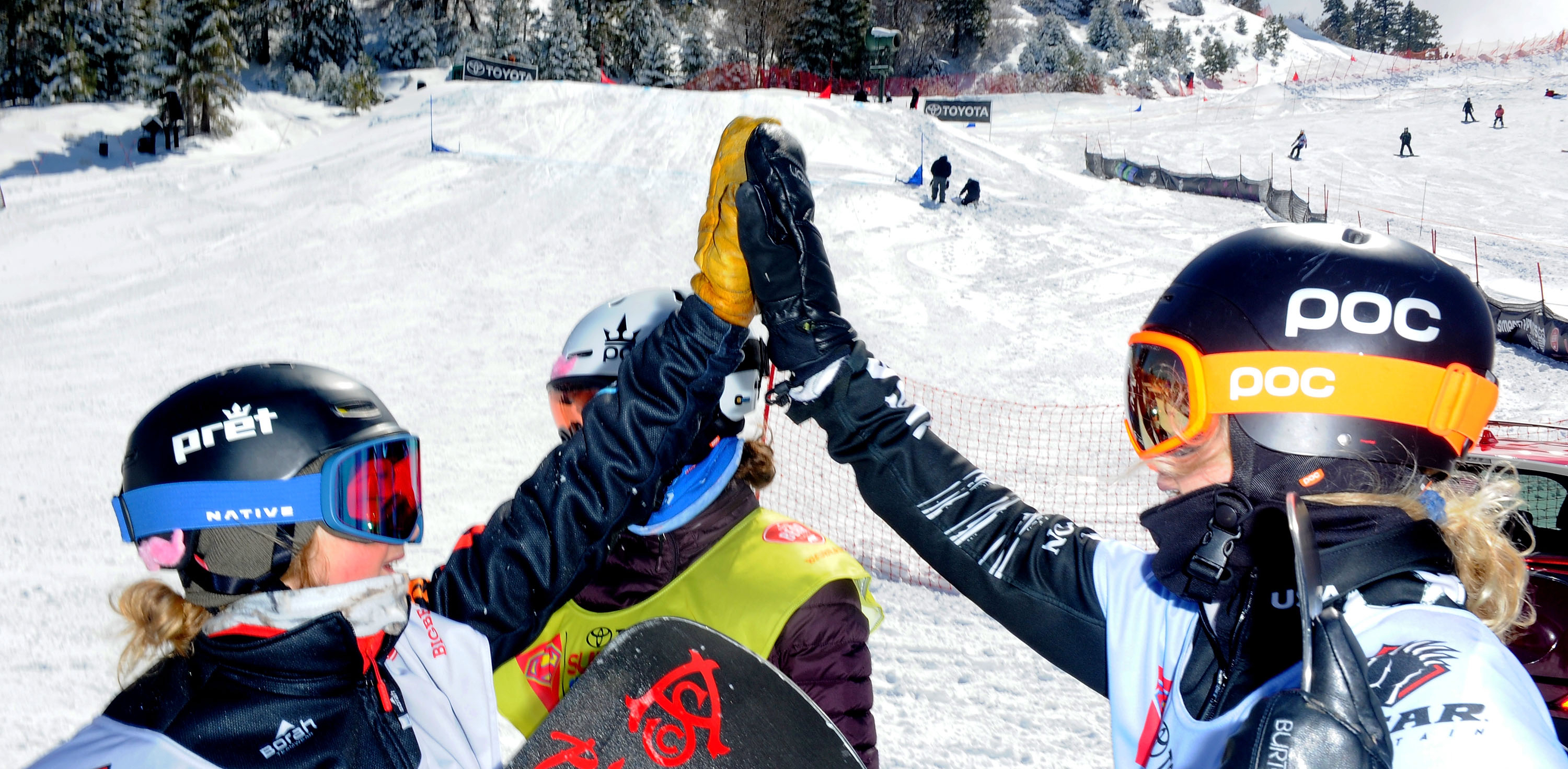 Meghan Tierney's team celebrates at the Supergirl Snow Pro at Big Bear Mountain. (SuperGirl Snow Pro) teammates celebrate