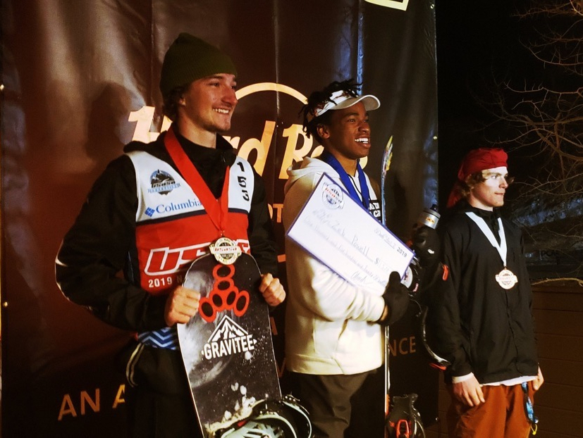 David Retzlaff (left), Zeb Powell (center), and David Retzlaff (right) on the podium at the Hard Rock Riviera Maya Rail Jam at the 2019 USASA Nationals. (Chad Buchholz - USASA) Podium at Copper
