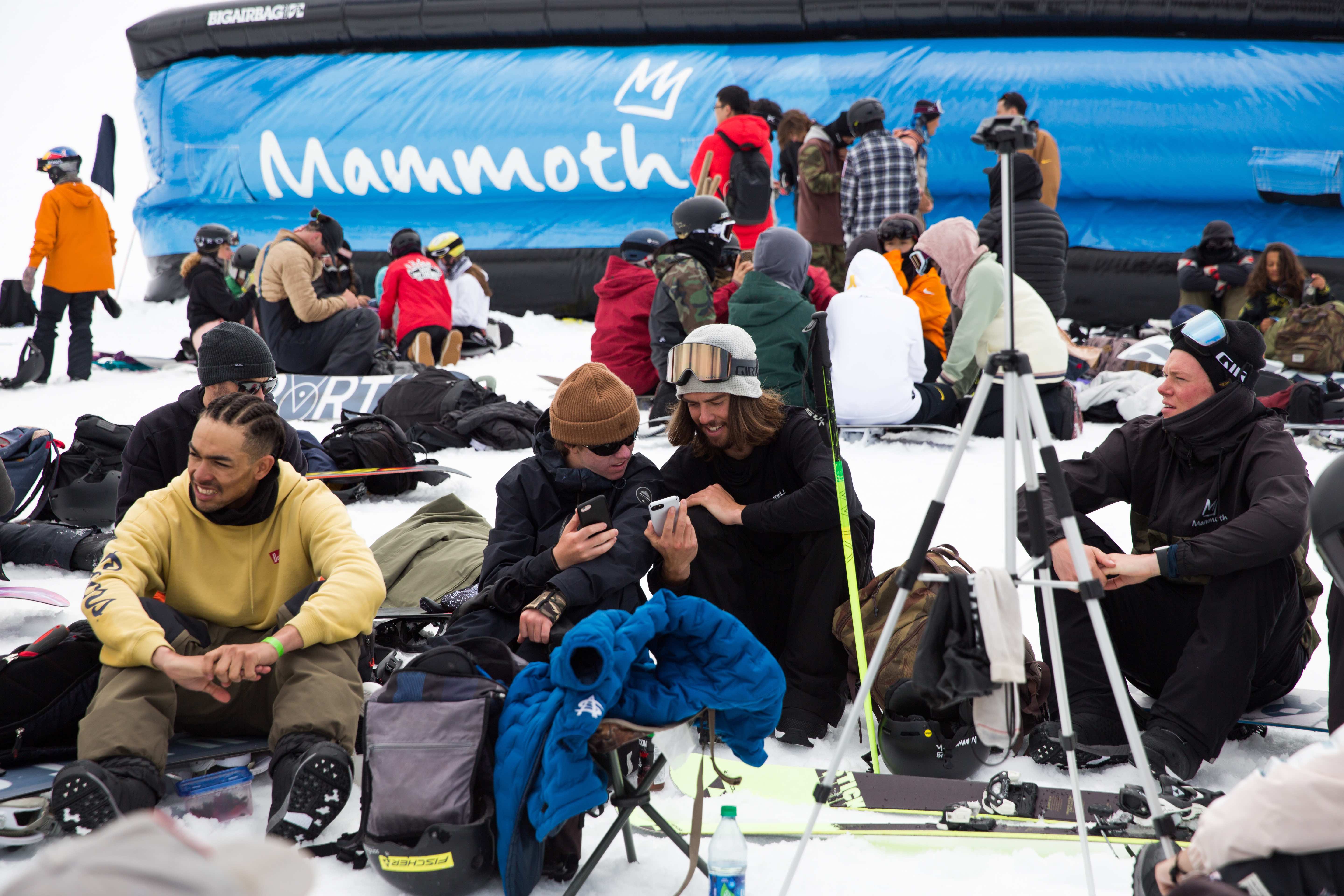 U.S. Ski & Snowboard athletes take a break after hitting the airbag and review some footage. (U.S. Ski & Snowboard - Sarah Brunson) Taking a break