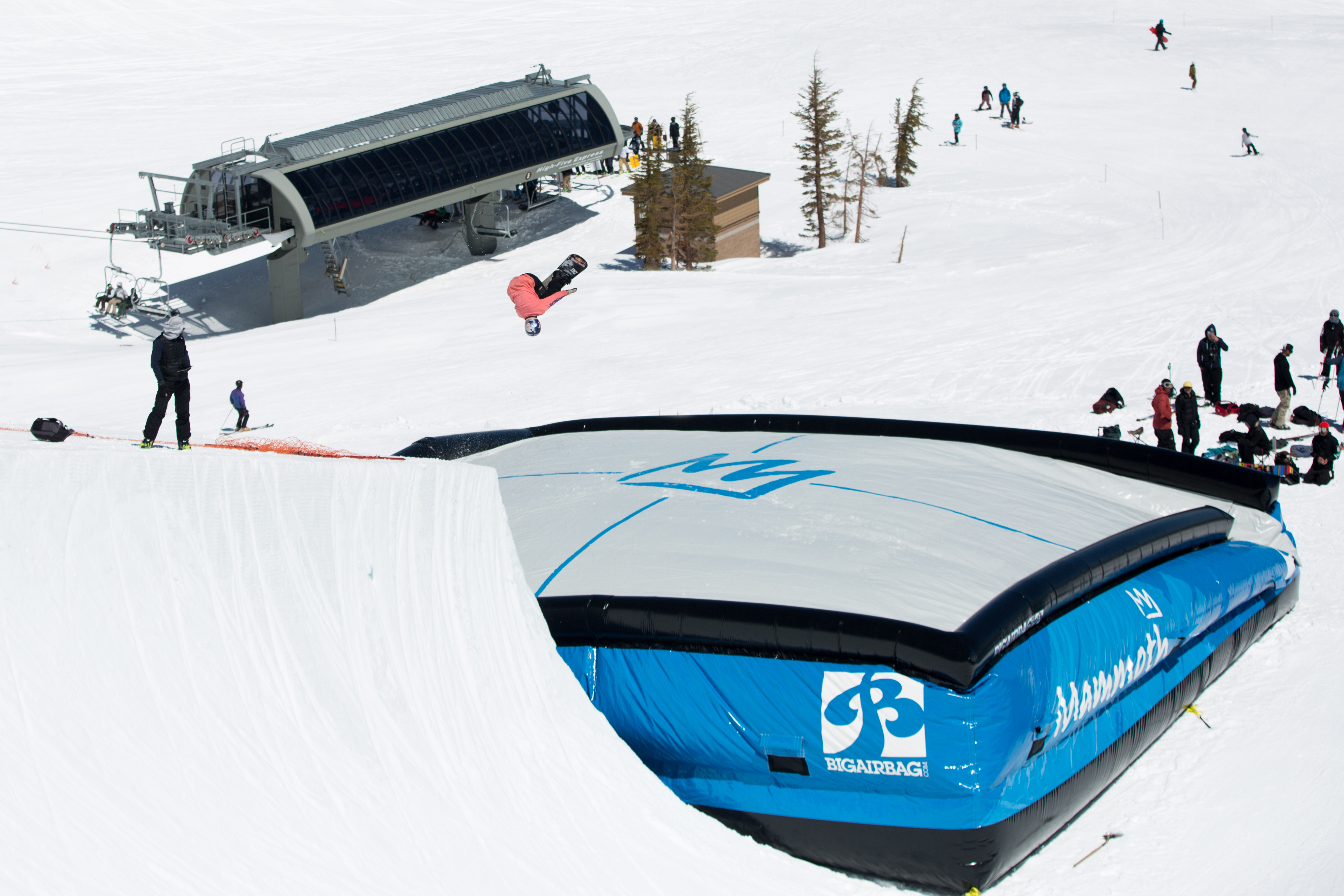 Toby Miller using the airbag at Mammoth Spring Camp. (U.S. Ski & Snowboard - Sarah Brunson) Toby at Mammoth's airbag