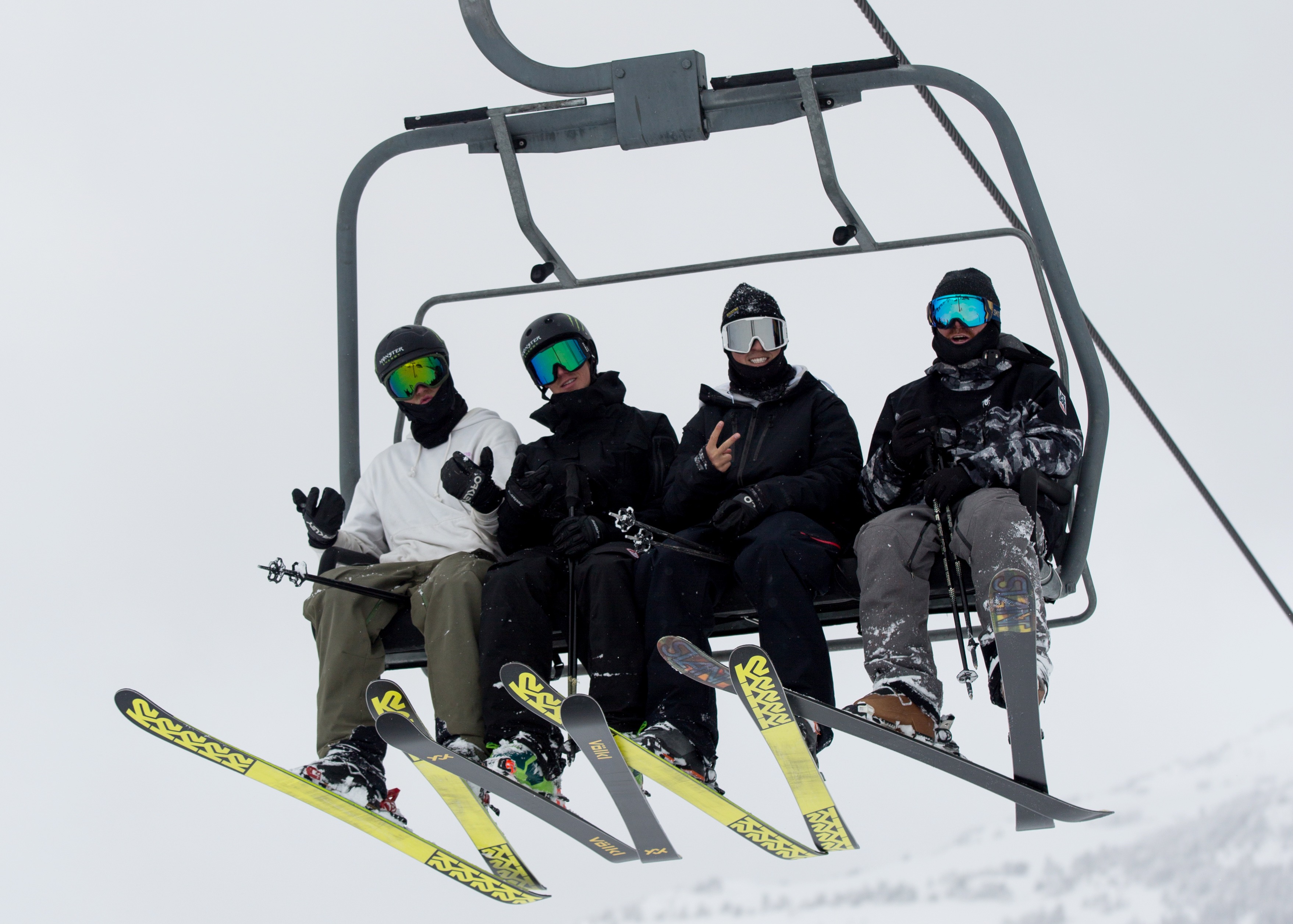 Colby Stevenson, Joss Christensen and Coach Skogen Sprang on the chiarlift at Mammoth. (U.S. Ski & Snowboard - Sarah Brunson) Colby, Joss, Skogen