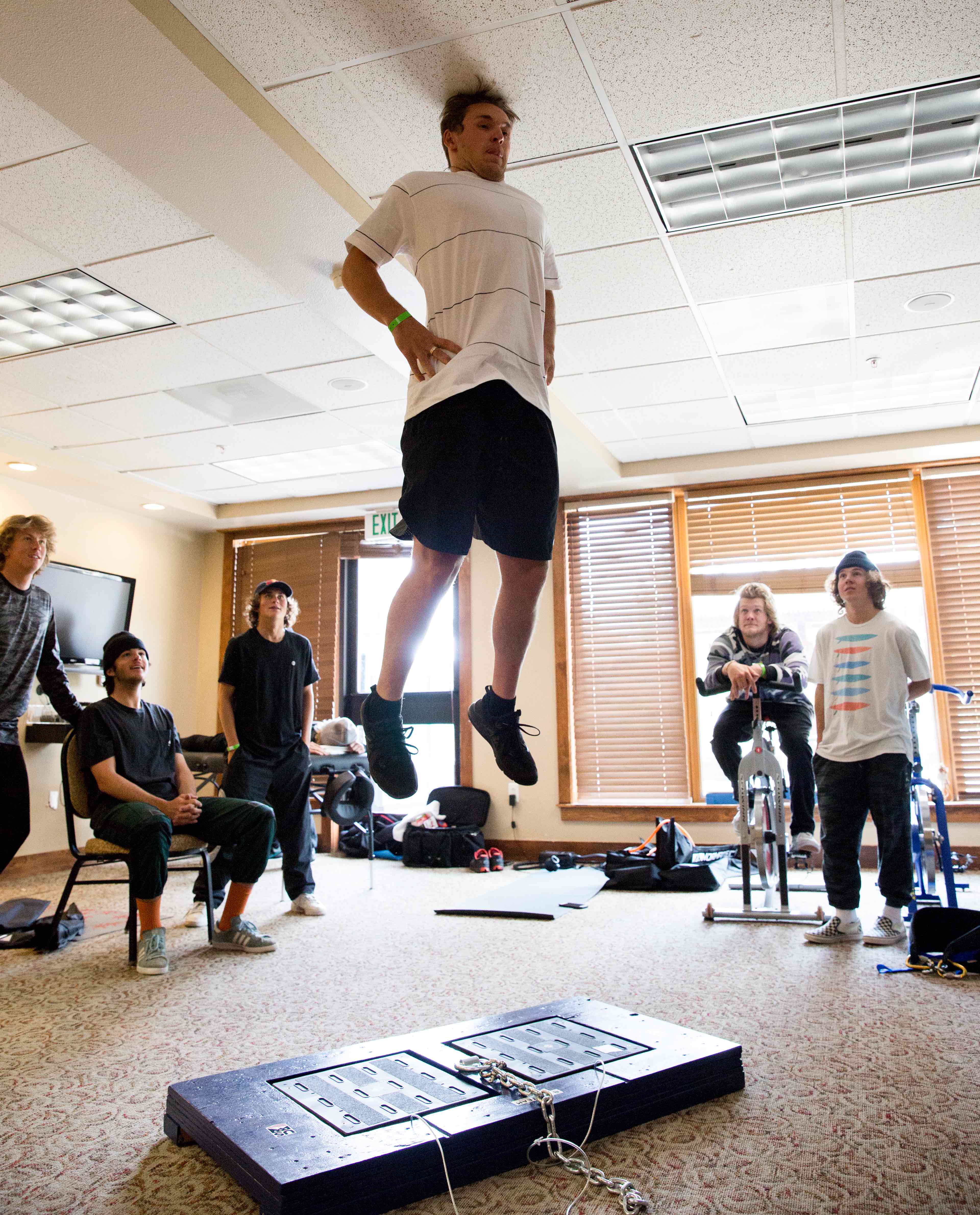 Chris Corning literally jumping through the roof during force plate testing. (U.S. Ski & Snowboard - Sarah Brunson) Corning
