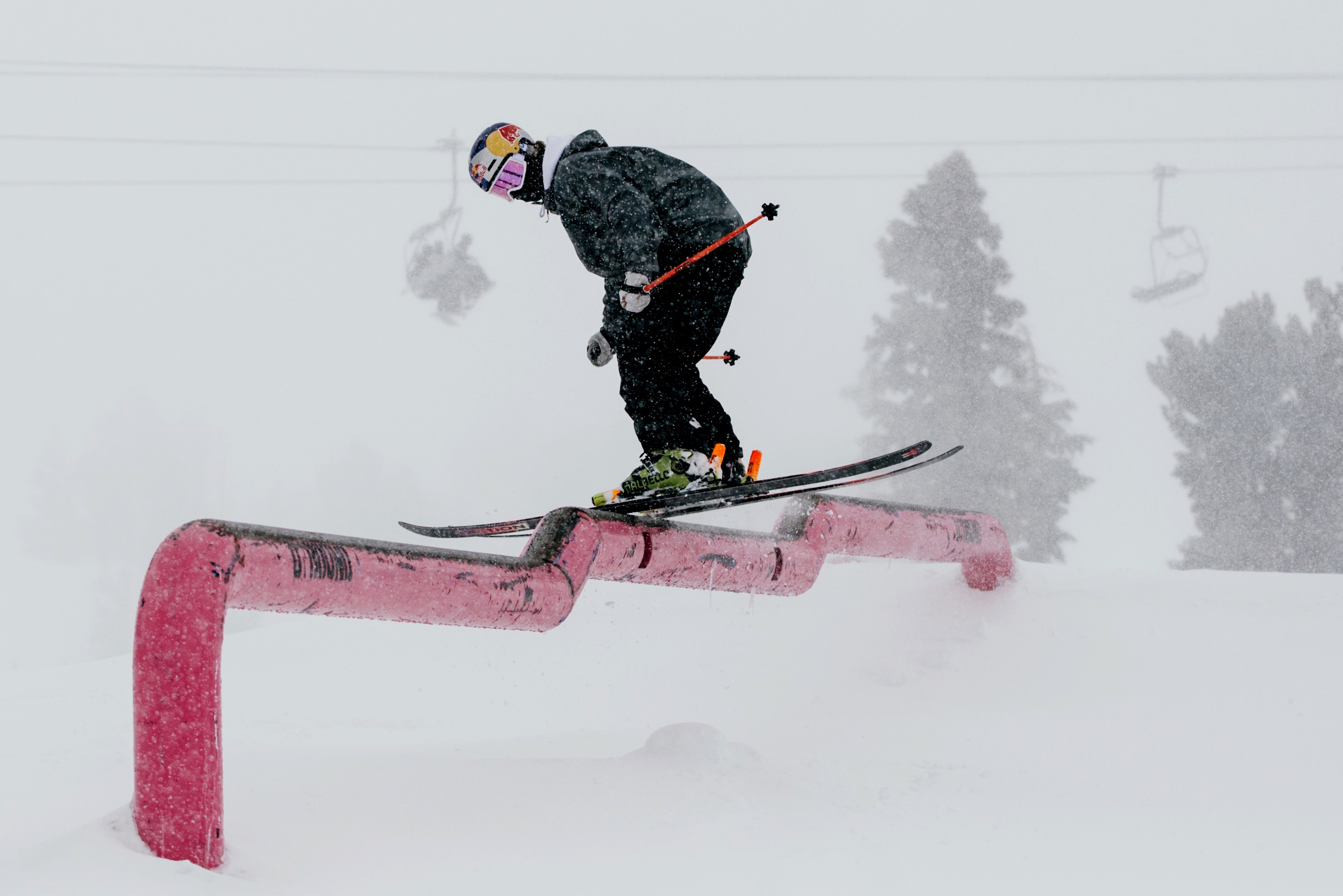 Mac Forehand sliding a rail in Mammoth's Unbound Terrain park. (U.S. Ski & Snowboard - Sarah Brunson) Mac Forehand