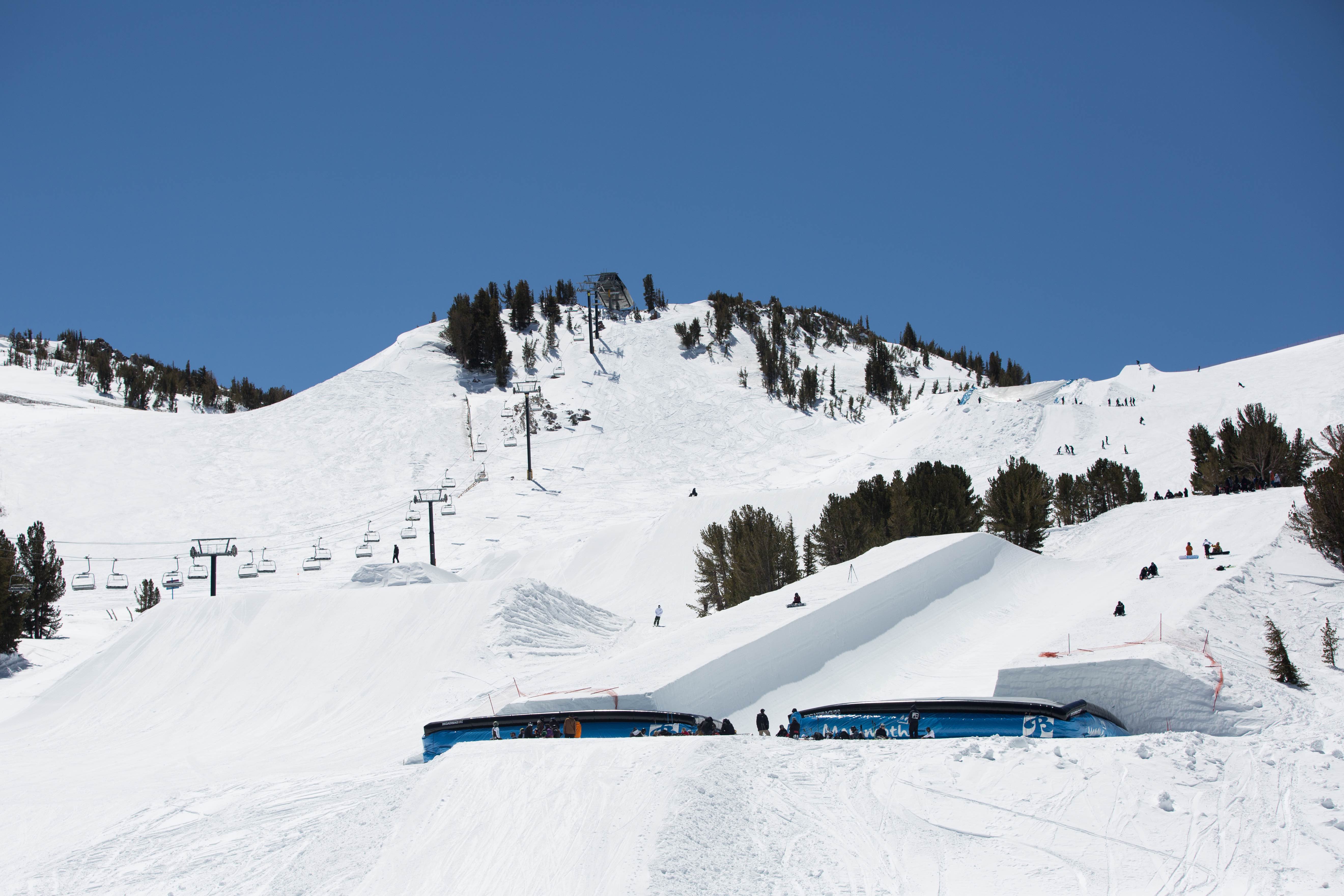 Double halfpipe airbags set up at at Mammoth's Unbound Terrain Park. (U.S. Ski & Snowboard - Sarah Brunson) Mammoth Terrain
