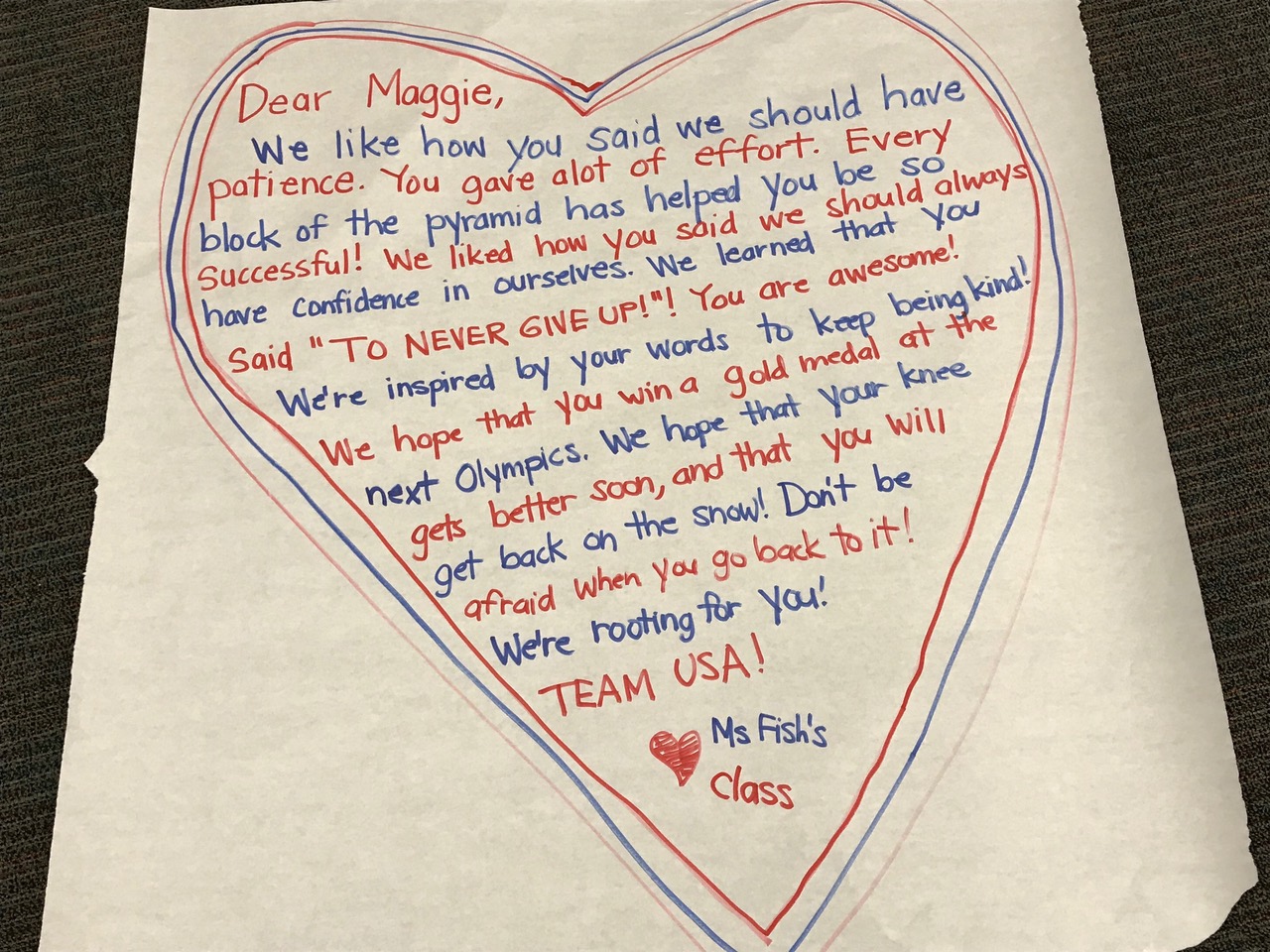 A nice thank you note for Maggie Voisin from the students. (Harper For Kids) Maggie Voisin