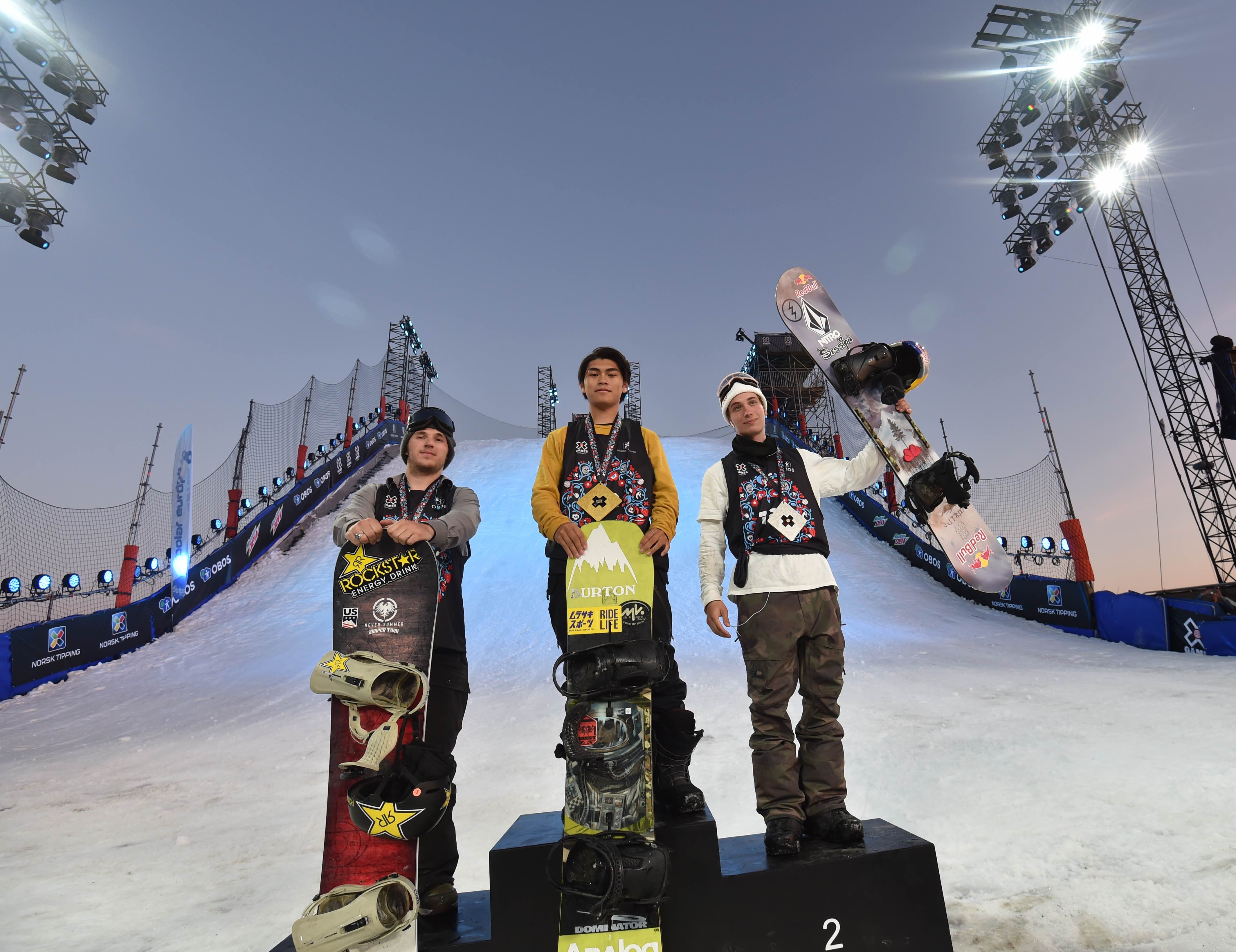 Chris Corning, Takeru Otsuka and Marcus Kleveland on the men's snowboard big air podium during X Games Norway 2018. corning norway