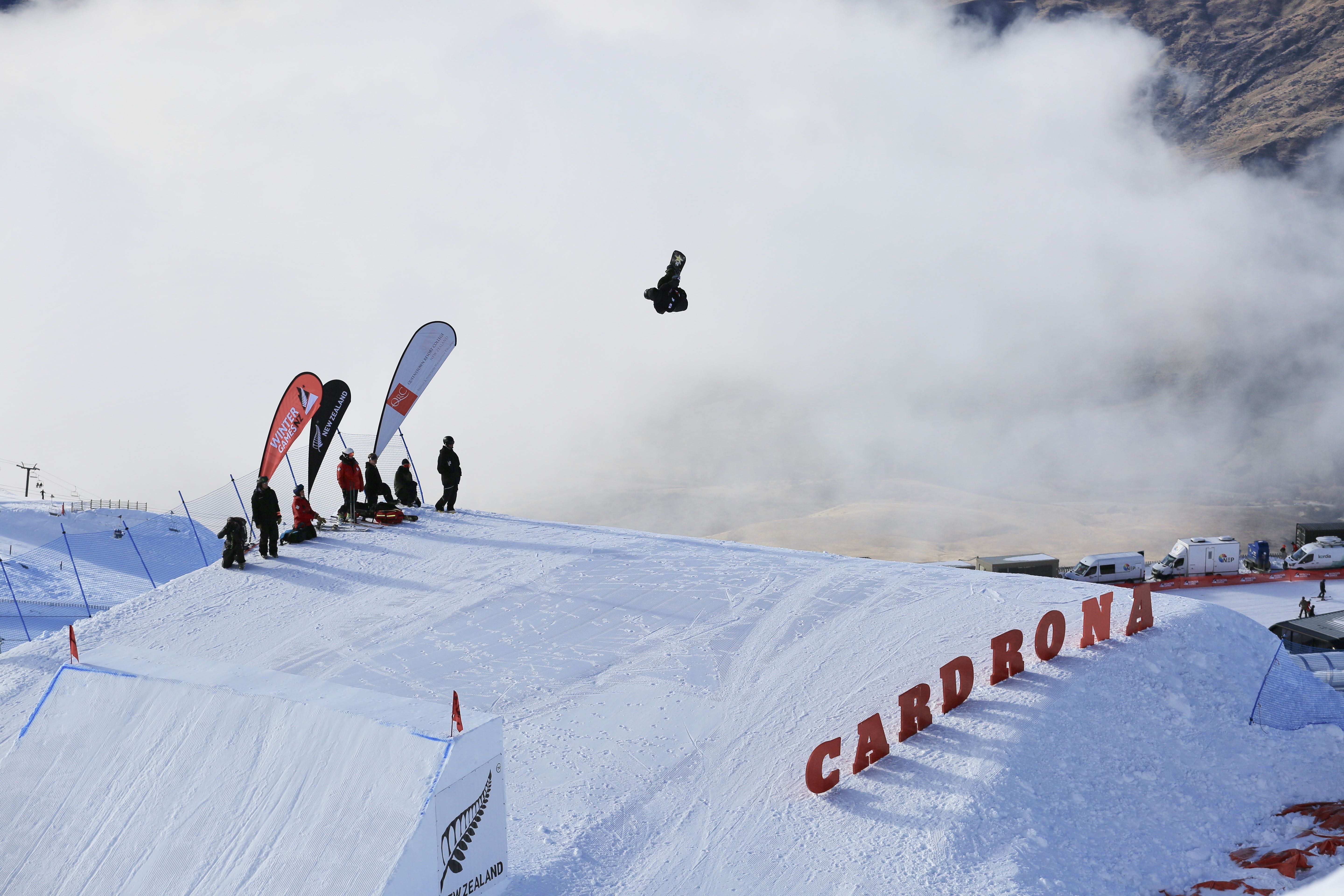 Chris Corning in the finals at the Winter Games NZ FIS Snowboard big air World Cup in Cardrona, New Zealand. (FIS Snowboard- Chad Buchholz) corning NZ