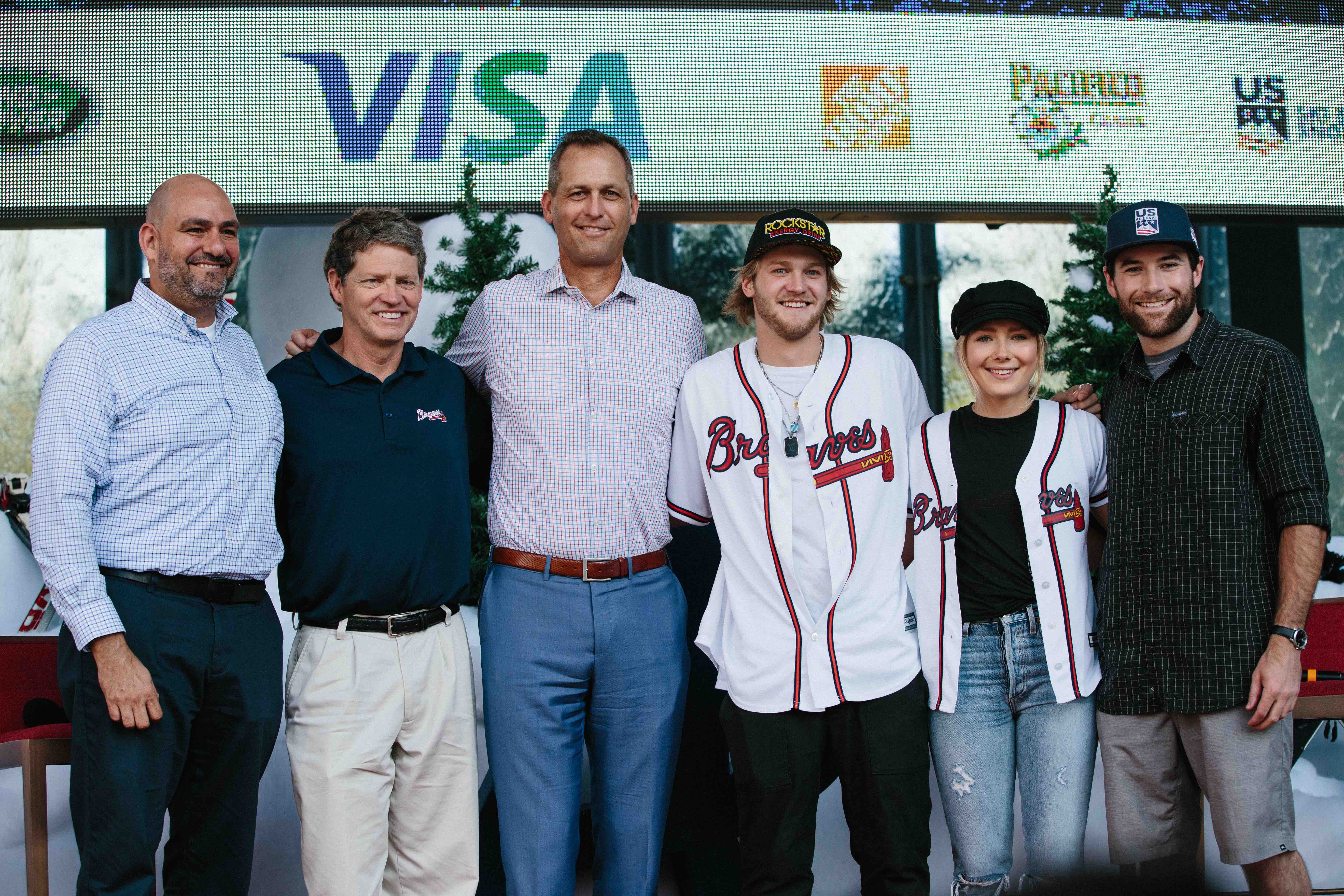 Andres Polo, Tiger Shaw, Derek Schiller, Kyle Mack, and Maggie Voisin at the Visa Big Air presented by Land Rover Announcement at SunTrust Park. (U.S. Ski & Snowboard - Sarah Brunson) Press conference participants