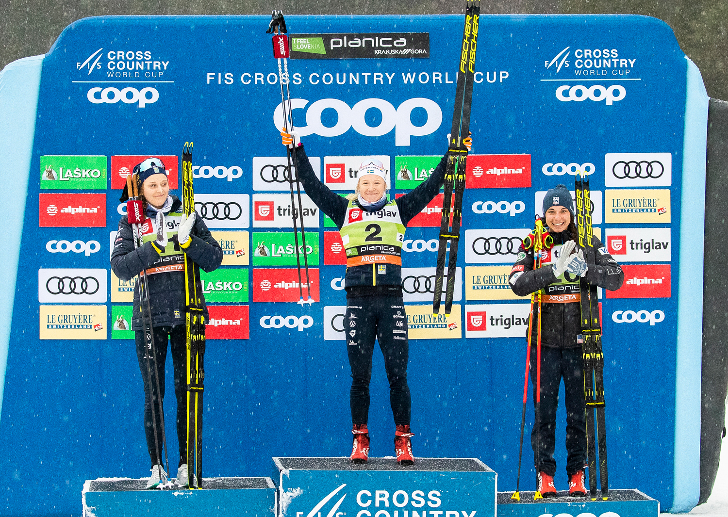 Julia Kern (right) earned her first World Cup podium Saturday in Planica, Slovenia. (www.nordicfocus.com. © Modica/NordicFocus.)