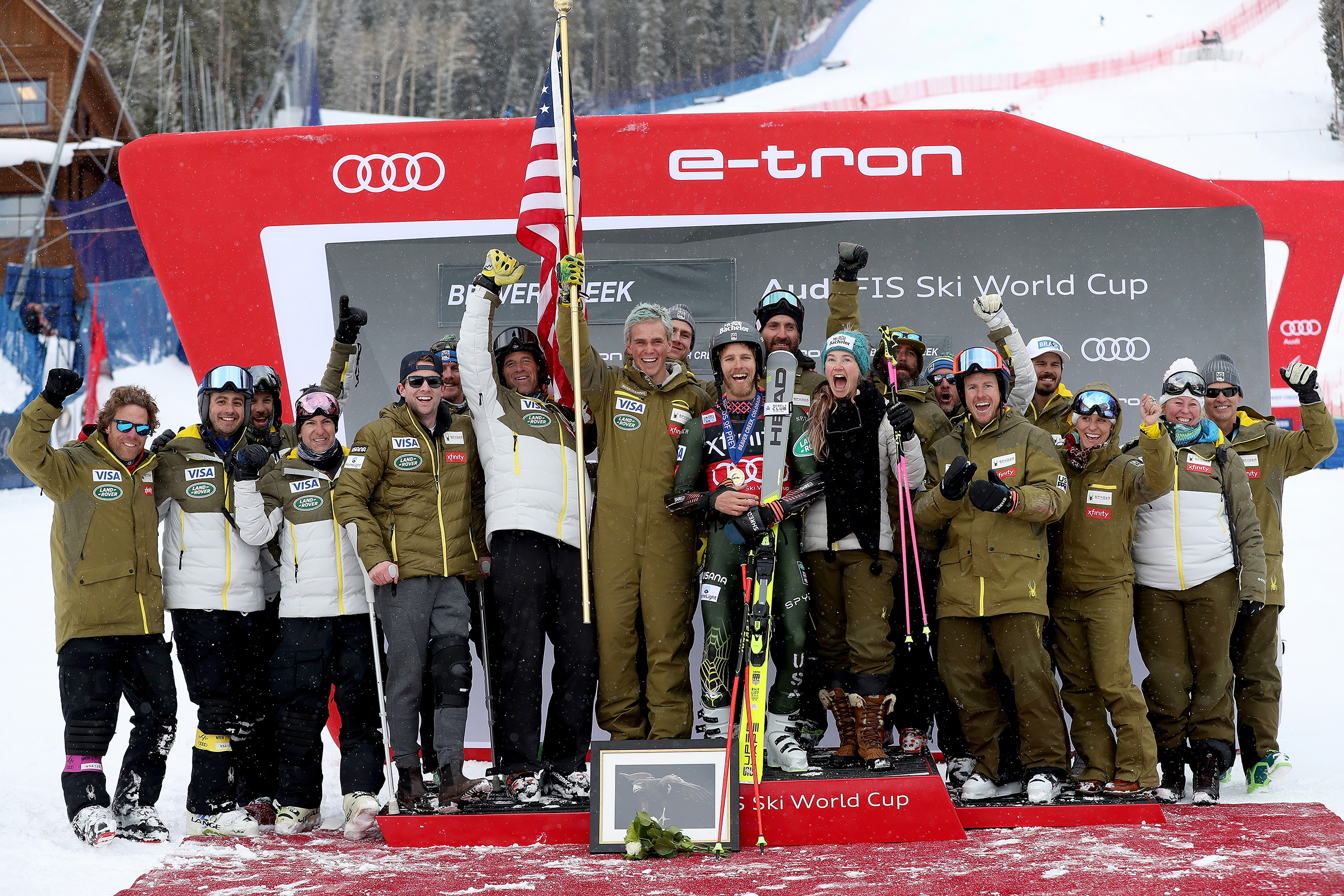 Tommy Ford celebrates with his teammates after his first career World Cup victory in Sunday's Birds of Prey giant slalom. (Getty Images - Matthew Stockman) Tommy Ford celebrates with his teammates after his first career World Cup victory in Sunday's Birds of Prey giant slalom. (Getty Images - Matthew Stockman)