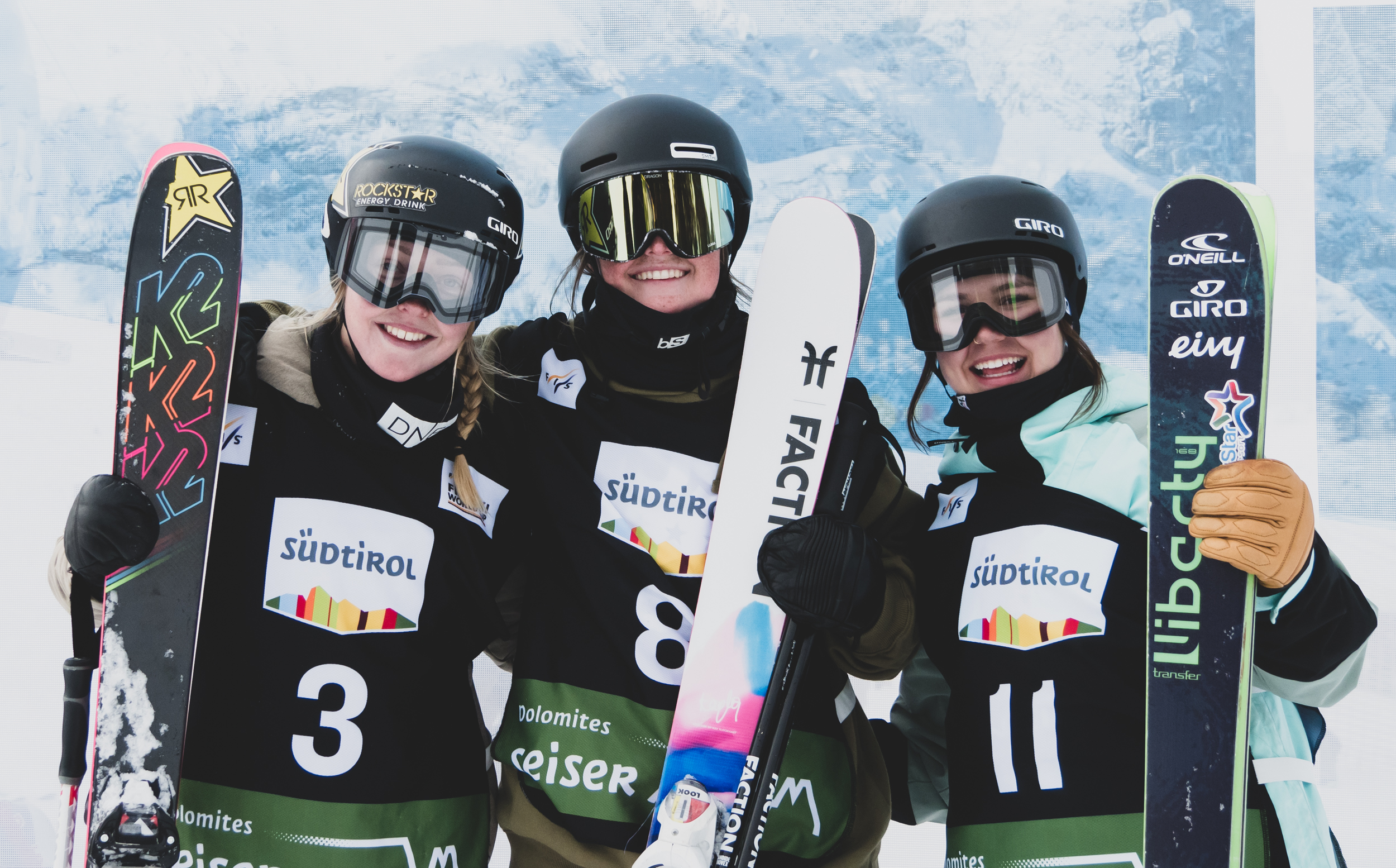Johanne Killi (left), Caroline Claire (center), and Elena Gaskell (right) on the podium at the Seiser Alm slopestyle World Cup in Italy. (FIS Freeski - Mateusz Kielpinski) podium
