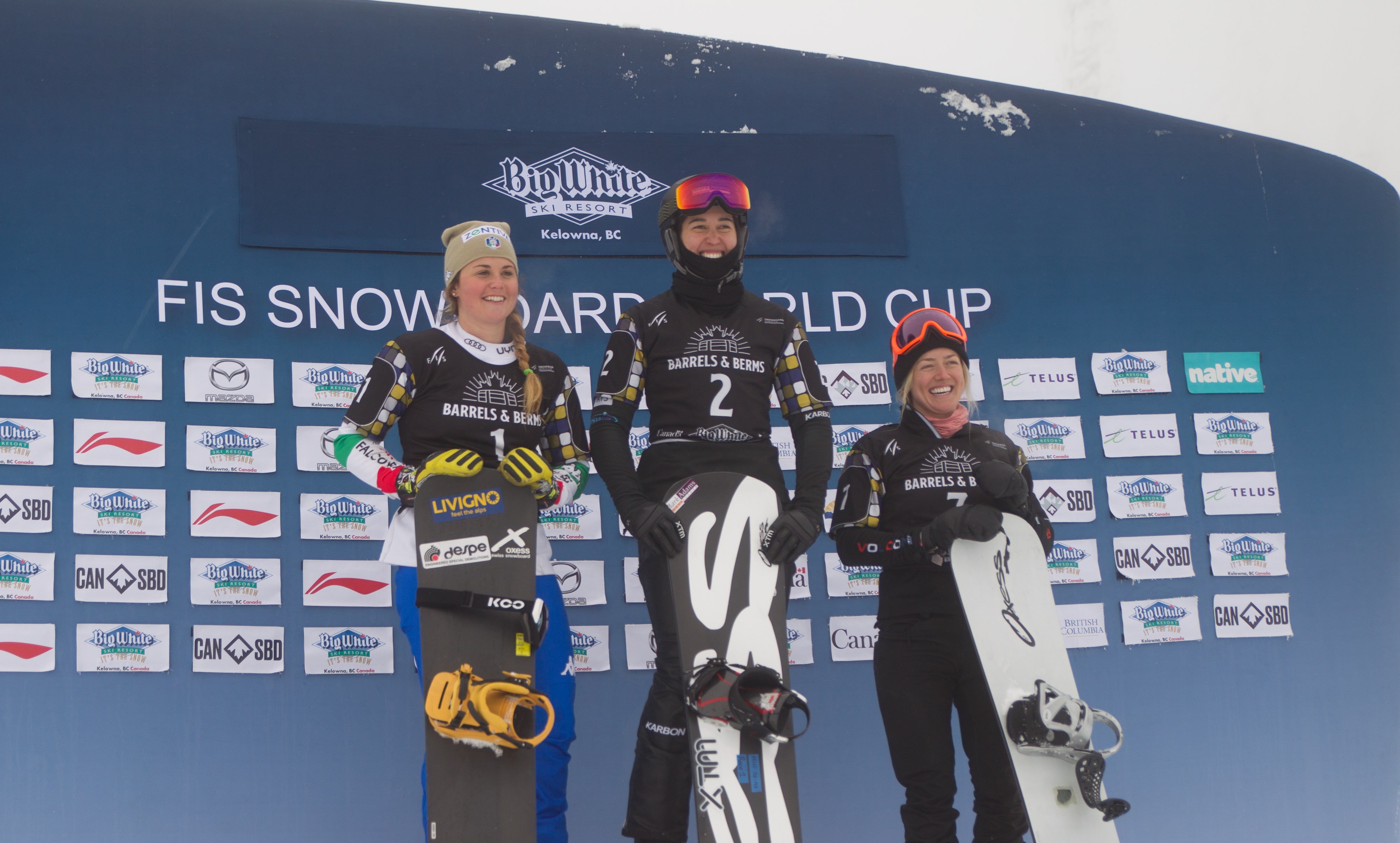 Michela Moioli (left), Belle Brockhoff (center), and U.S. Snowboardcross Team member Faye Gulini (right) on the podium on day two of the Big White FIS Snowboardcross World Cup in Canada. (Canada Snowboard) Faye podium