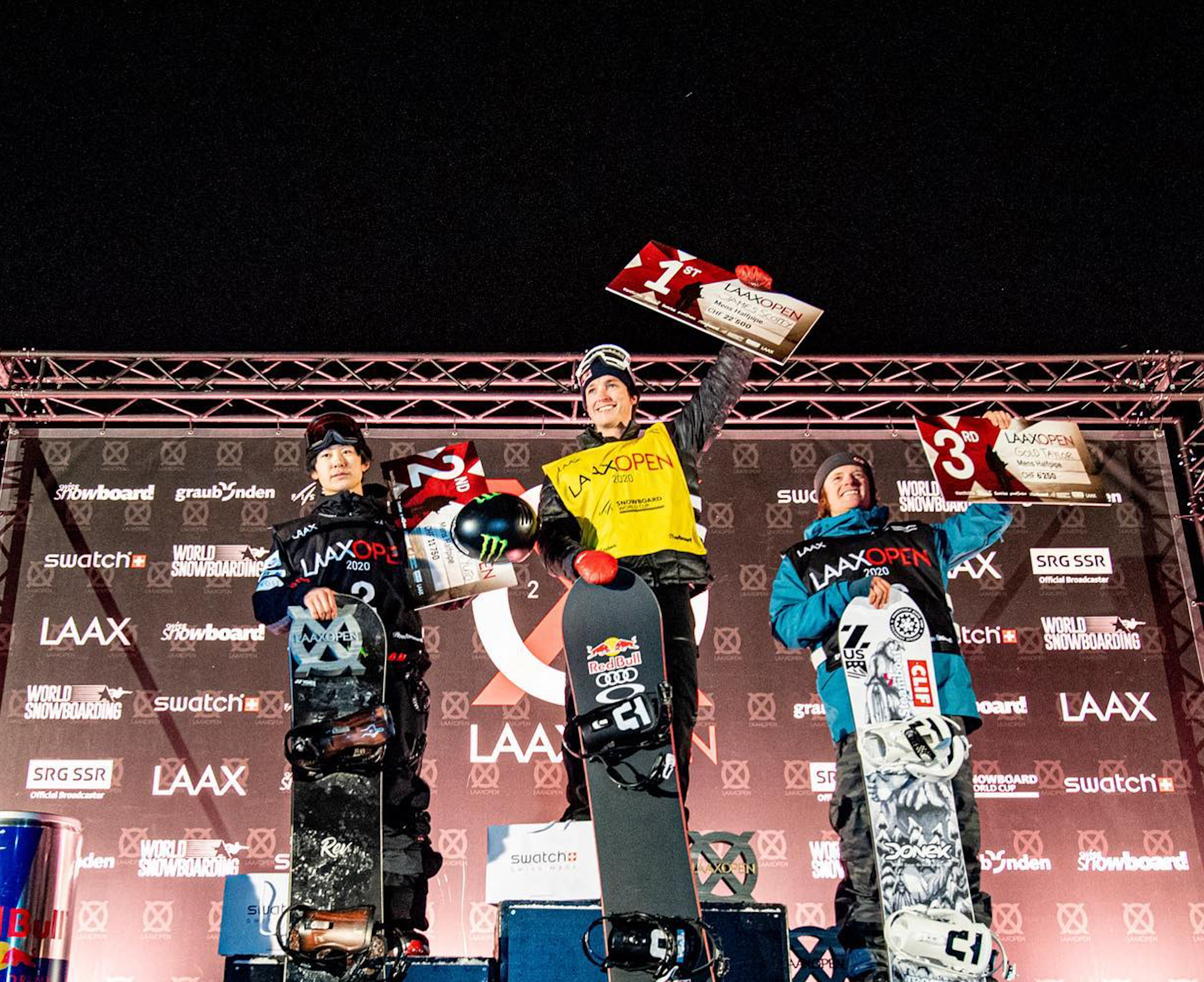 Yuto Totsuka (left), Scotty James (center), and Taylor Gold (right) on the podium the 2020 Laax Open halfpipe finals. (Laax) Taylor Gold