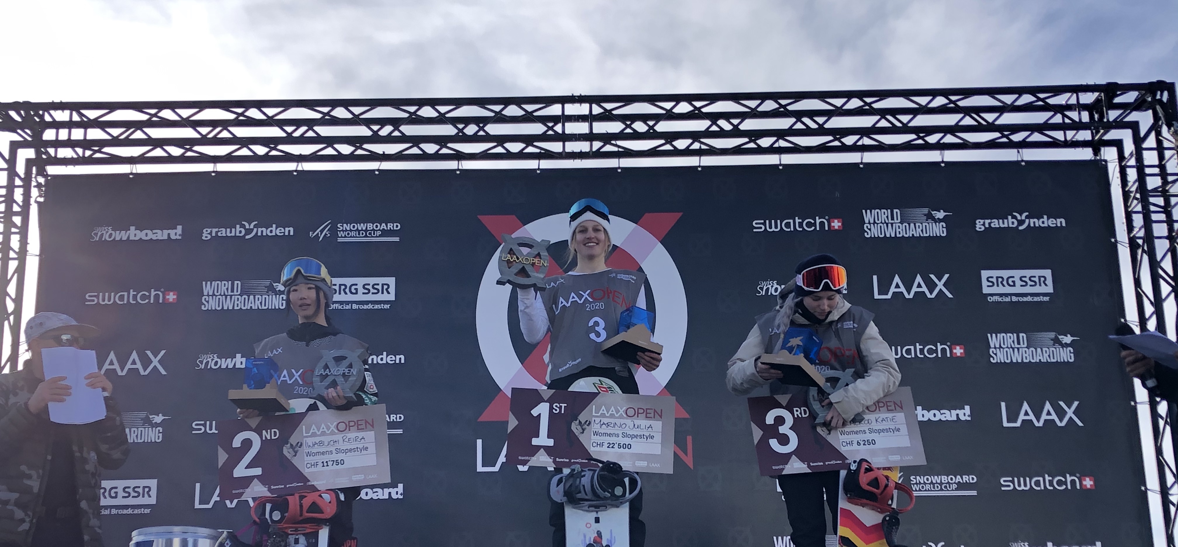 Reira Iwabuchi (left), Julia Marino (center), and Katie Omerod (right) on the podium at the 2020 Laax Open slopestyle finals. (U.S. Ski & Snowboard - Dave Reynolds) marino