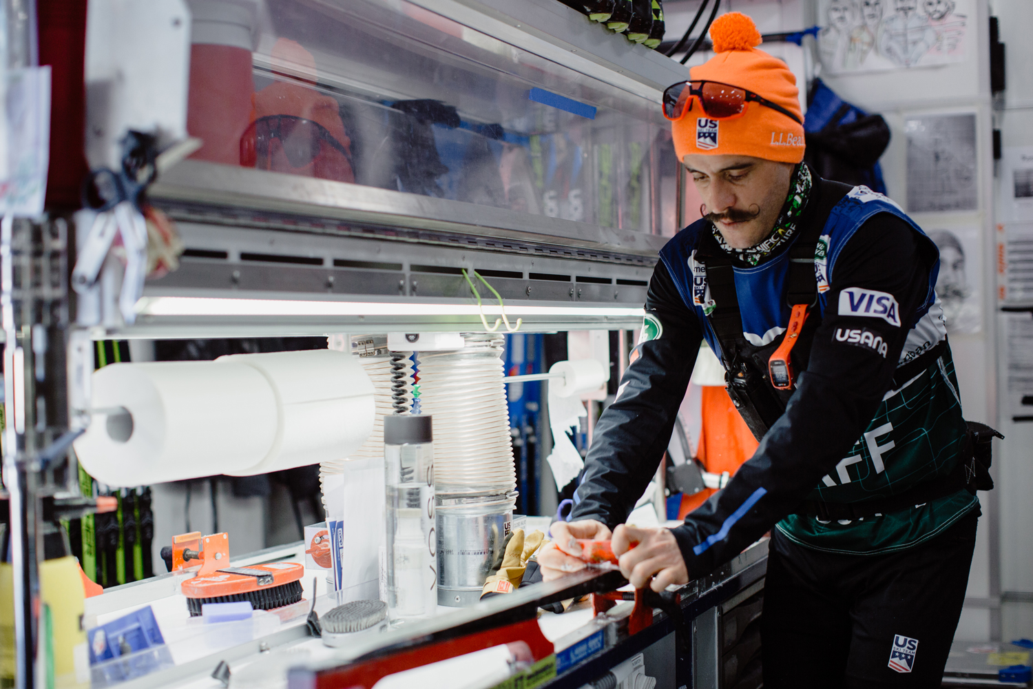 U.S. Ski & Snowboard's Jean-Pascal Laurin preps skis inside the Wax Truck in Oberstdorf, Germany, Wednesday. (U.S. Ski & Snowboard - Sarah Brunson) U.S. Ski & Snowboard's Jean-Pascal Laurin preps skis inside the Wax Truck in Oberstdorf, Germany, Wednesday. (U.S. Ski & Snowboard - Sarah Brunson)