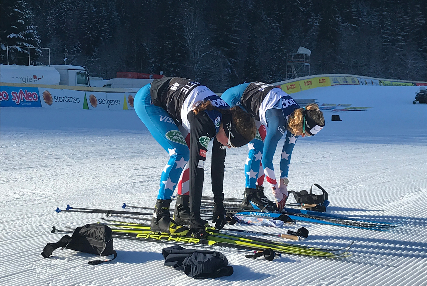 Jessie Diggins and Caitlin Patterson practice transitions from classic to skate skis for Saturday's race. (U.S. Ski & Snowboard - Tom Horrocks) Jessie Diggins and Caitlin Patterson practice transitions from classic to skate skis for Saturday's race. (U.S. Ski & Snowboard - Tom Horrocks)