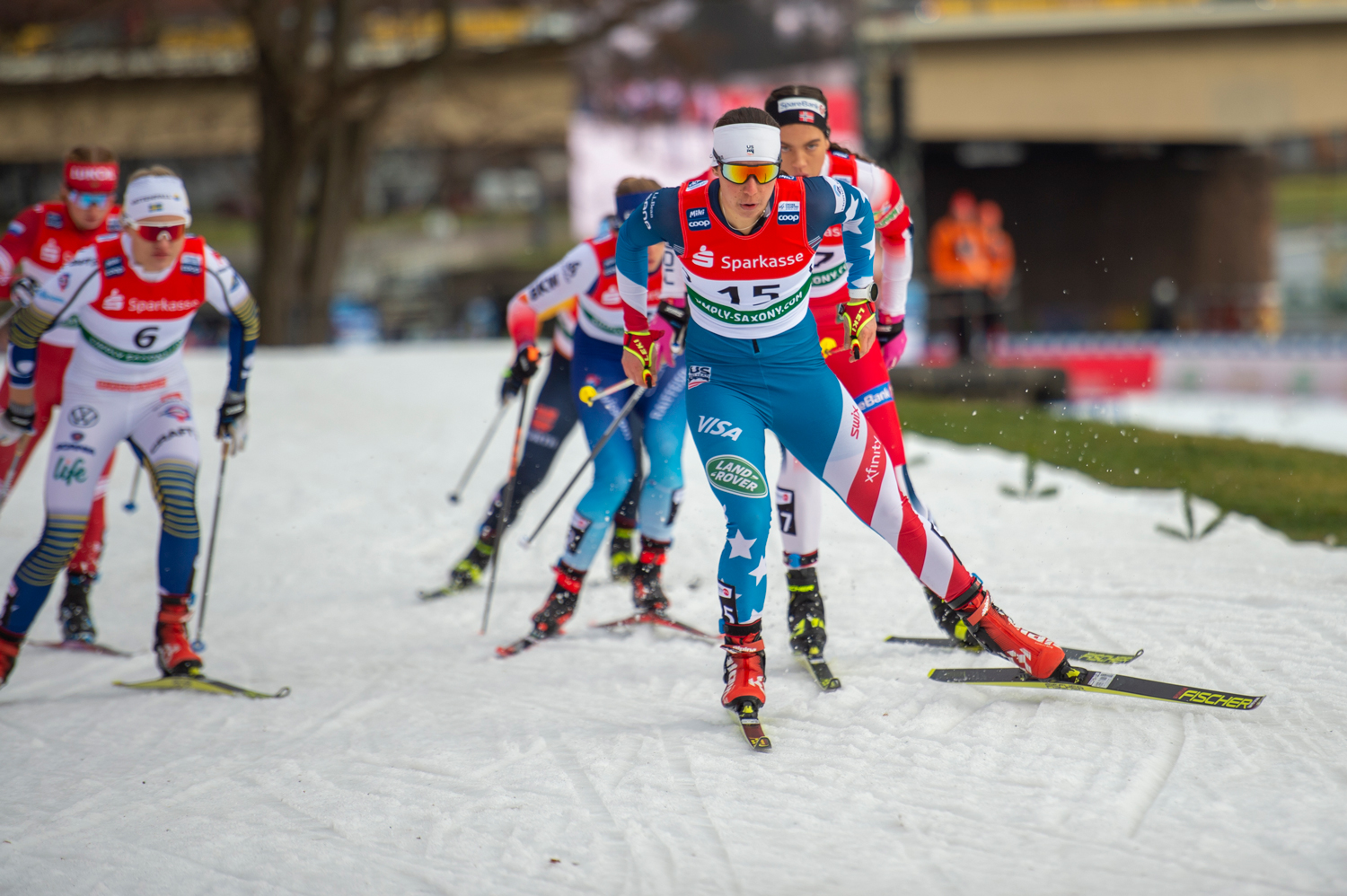 Julia Kern led her opening quarterfinal heat before she was forced to ski around a crash. (www.nordicfocus.com. © Thibaut/NordicFocus)