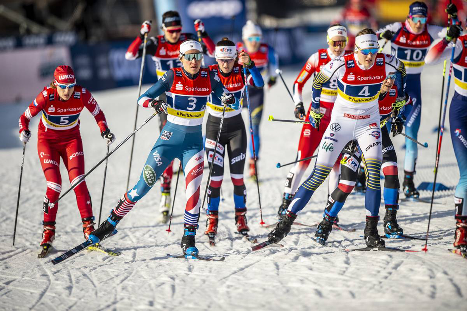 Sophie Caldwell moves through traffic in the Team Sprint Sunday in Germany. (www.nordicfocus.com. © Thibaut/NordicFocus)