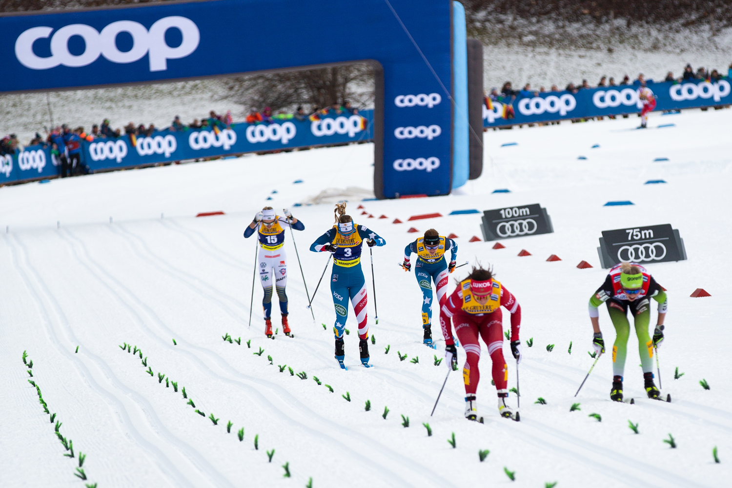 Jessie Diggins and Sophie Caldwell sprint to the line in Sunday's FIS Cross Country World Cup. (U.S. Ski & Snowboard - Sarah Brunson) Jessie Diggins and Sophie Caldwell sprint to the line in Sunday's FIS Cross Country World Cup. (U.S. Ski & Snowboard - Sarah Brunson)