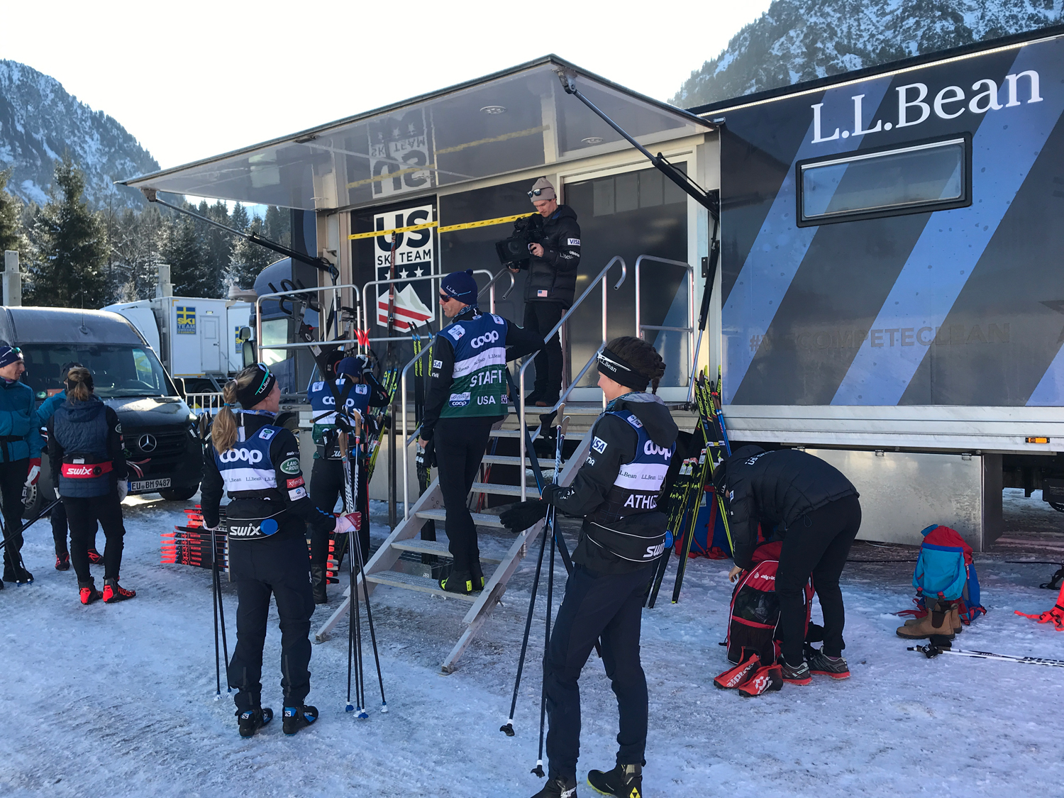 U.S. cross country athletes prepare in front of the Wax Truck to preview the weekend WorldCup course in Oberstdorf. (U.S. Ski & Snowboard - Tom Horrocks) U.S. cross country athletes prepare in front of the Wax Truck to preview the weekend WorldCup course in Oberstdorf. (U.S. Ski & Snowboard - Tom Horrocks)