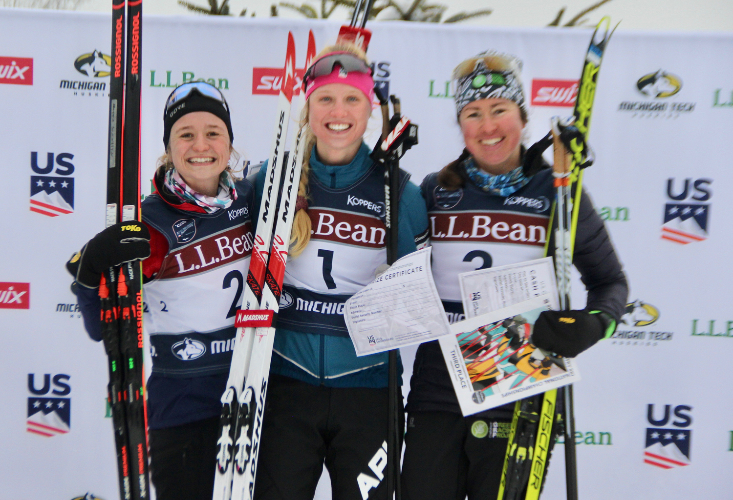 Hailey Swirbul (center), Alayna Sonnesyn (left), and Caitlin Patterson on the podium at the L.L.Bean U.S. Cross Country Championships. (U.S. Ski &amp; Snowboard - Bryan Fish)