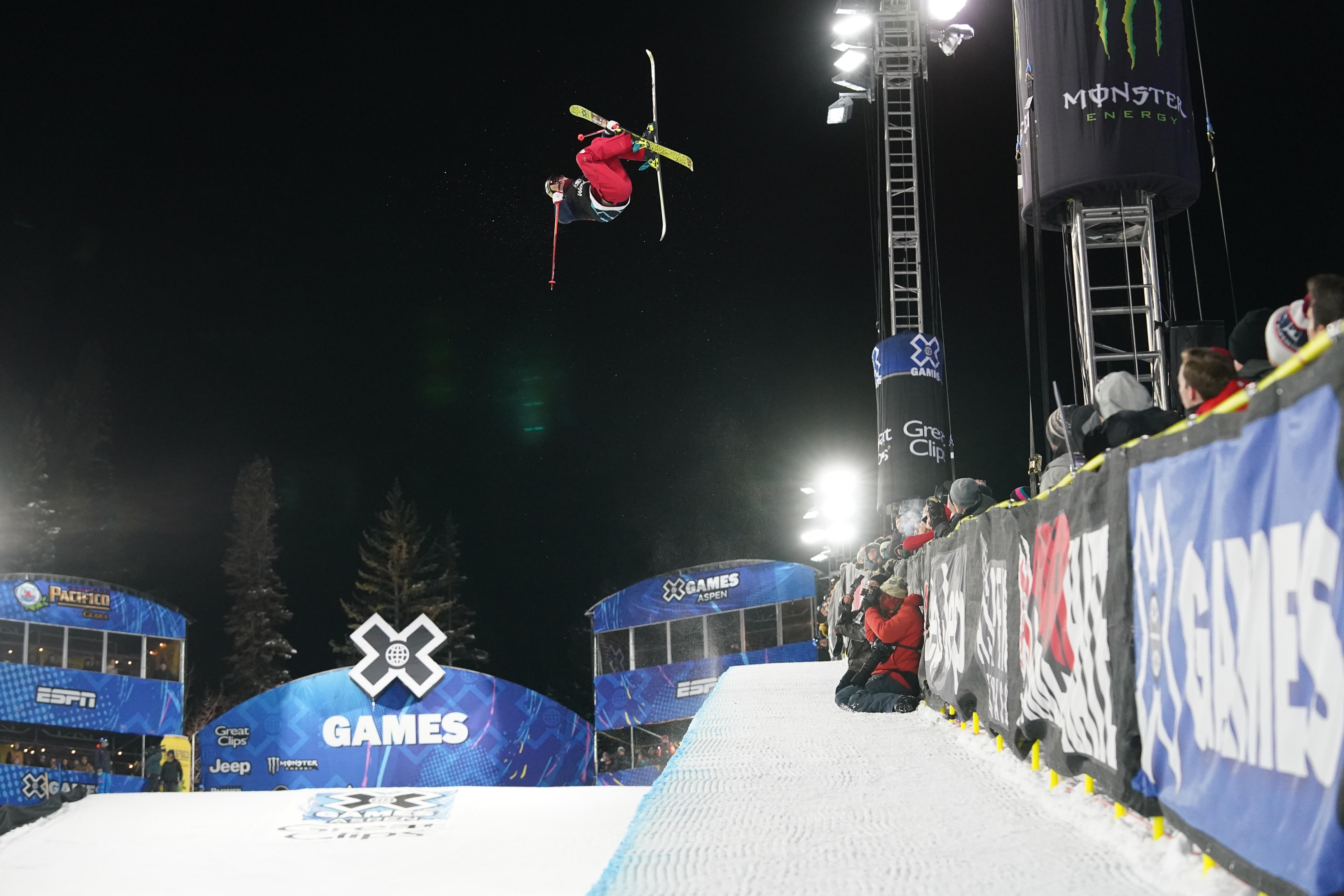 Alex Ferreira competing in Great Clips Men's Ski SuperPipe during X Games Aspen 2020. (ESPN Images - Matt Morning) Alex airborne