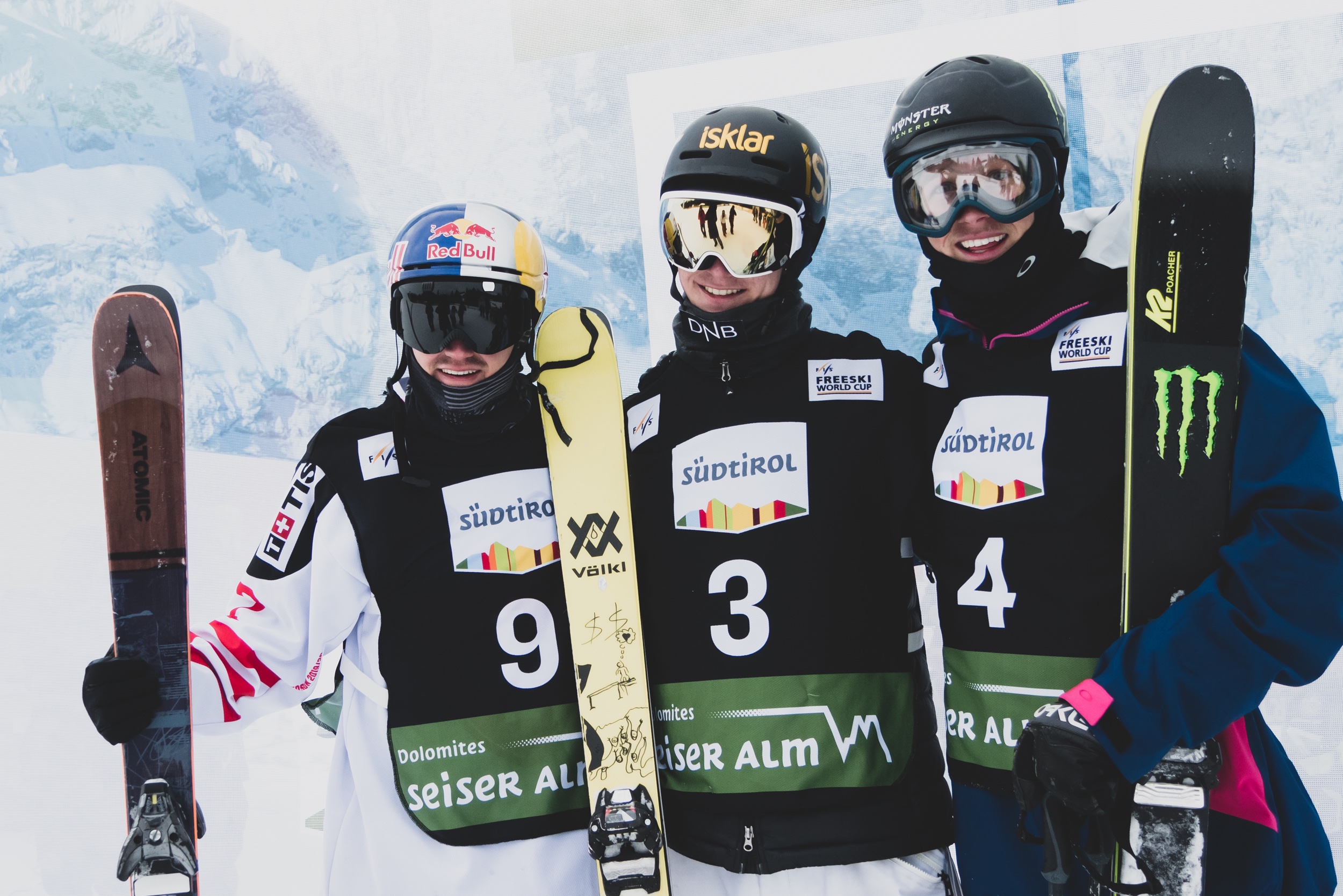 Fabian Boesch (left), Birk Ruud (center), and Colby Stevenson (right) on the podium at the Seiser Alm slopestyle World Cup in Italy. (FIS Freeski - Mateusz Kielpinski) colby