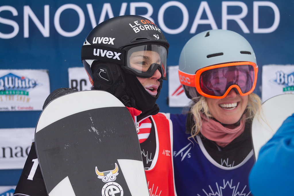 Faye Gulini (right) at the Big White FIS Snowboardcross World Cup in Canada. (Canada Snowboard) Faye