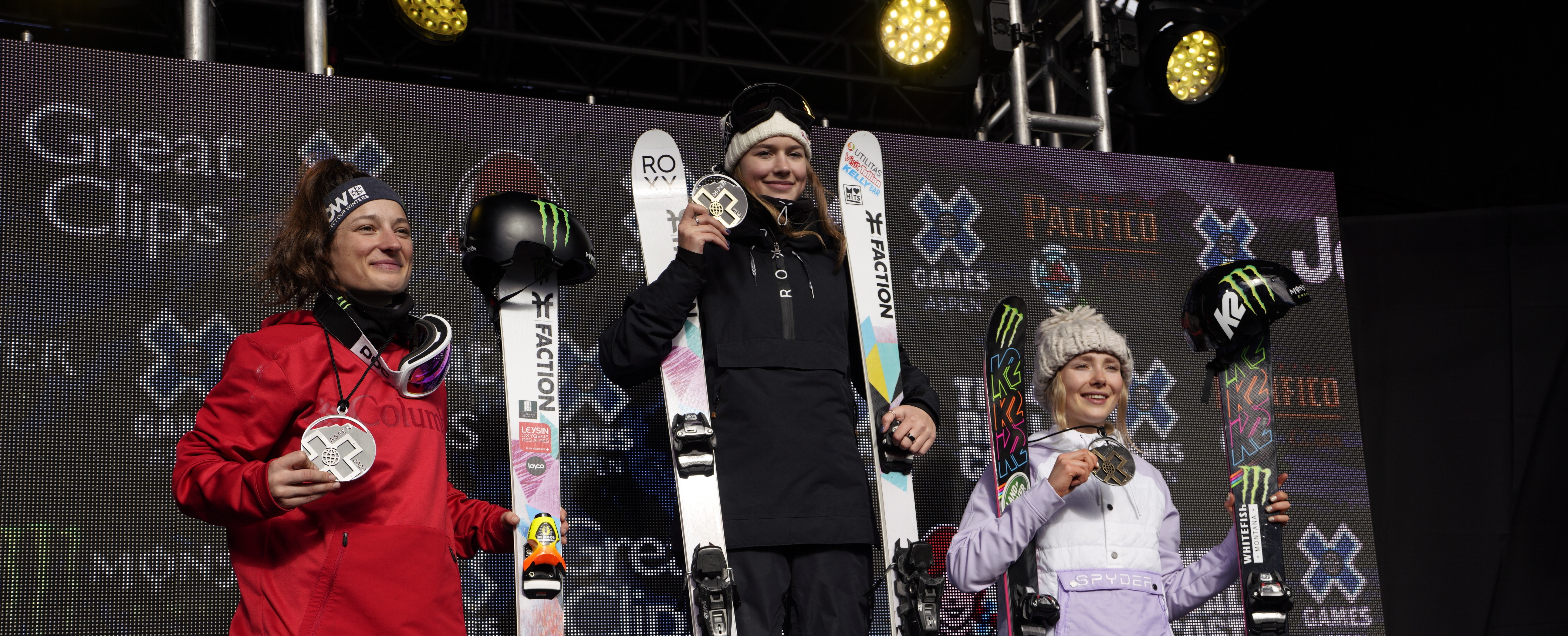 Sarah Hoefflin (left), Kelly Sildaru (center), and Maggie Voisin at the medal ceremony for Jeep Women's Ski Slopestyle during X Games Aspen 2020. (ESPN Images - Matt Morning) Maggie Podium
