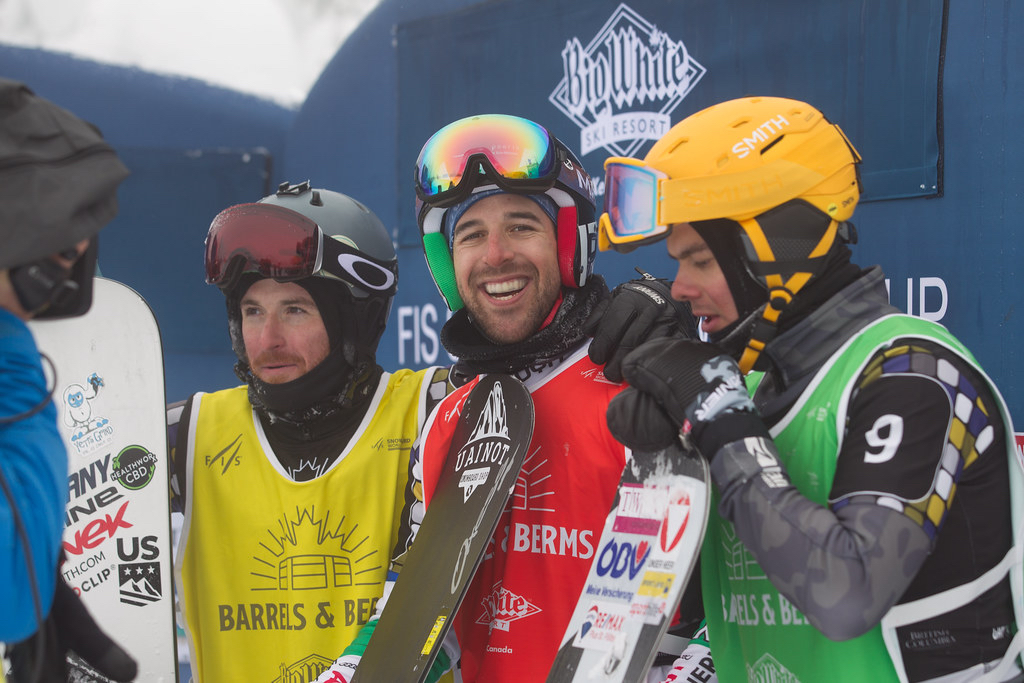 Senna Leith (left) on the podium on day two of the Big White FIS Snowboardcross World Cup in Canada. (Canada Snowboard) Senna