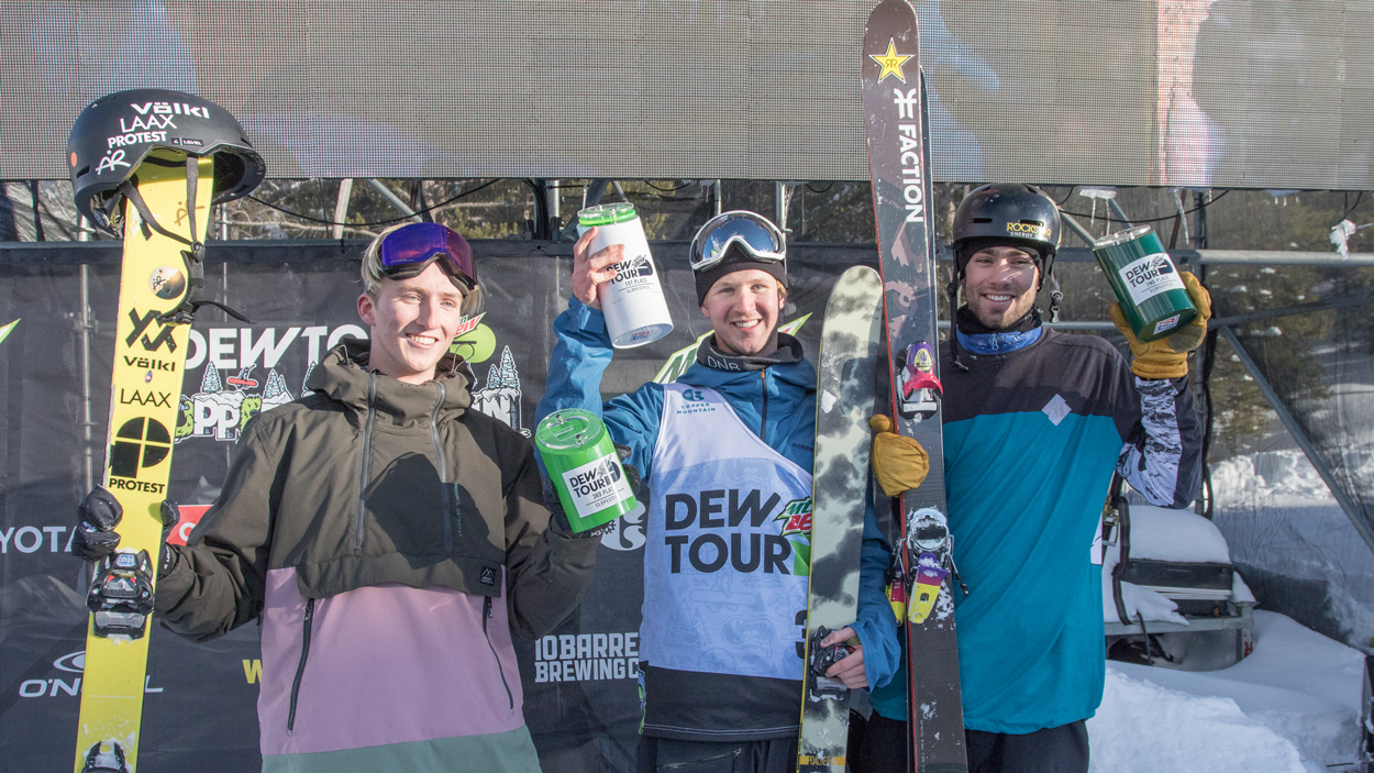 Andri Ragettli (left), Christian Nummedal (center), and Alex Hall (right) on the 2020 Dew Tour podium at Copper Mountain, Colo. (Dew Tour - Matt Sklar) ahall podium