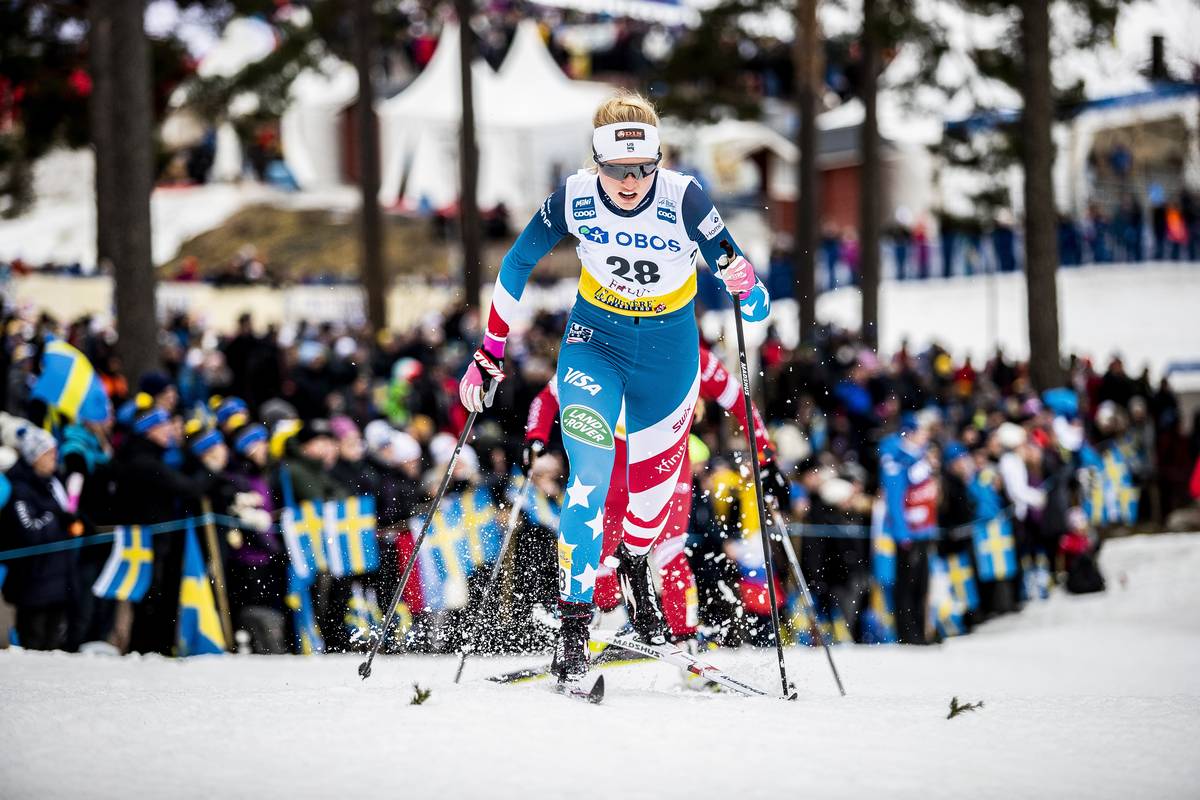 Hailey Swirbul scored her first classic sprint World Cup points, finishing 25th, Saturday in Falun. (www.nordicfocus.com. © Modica/NordicFocus)