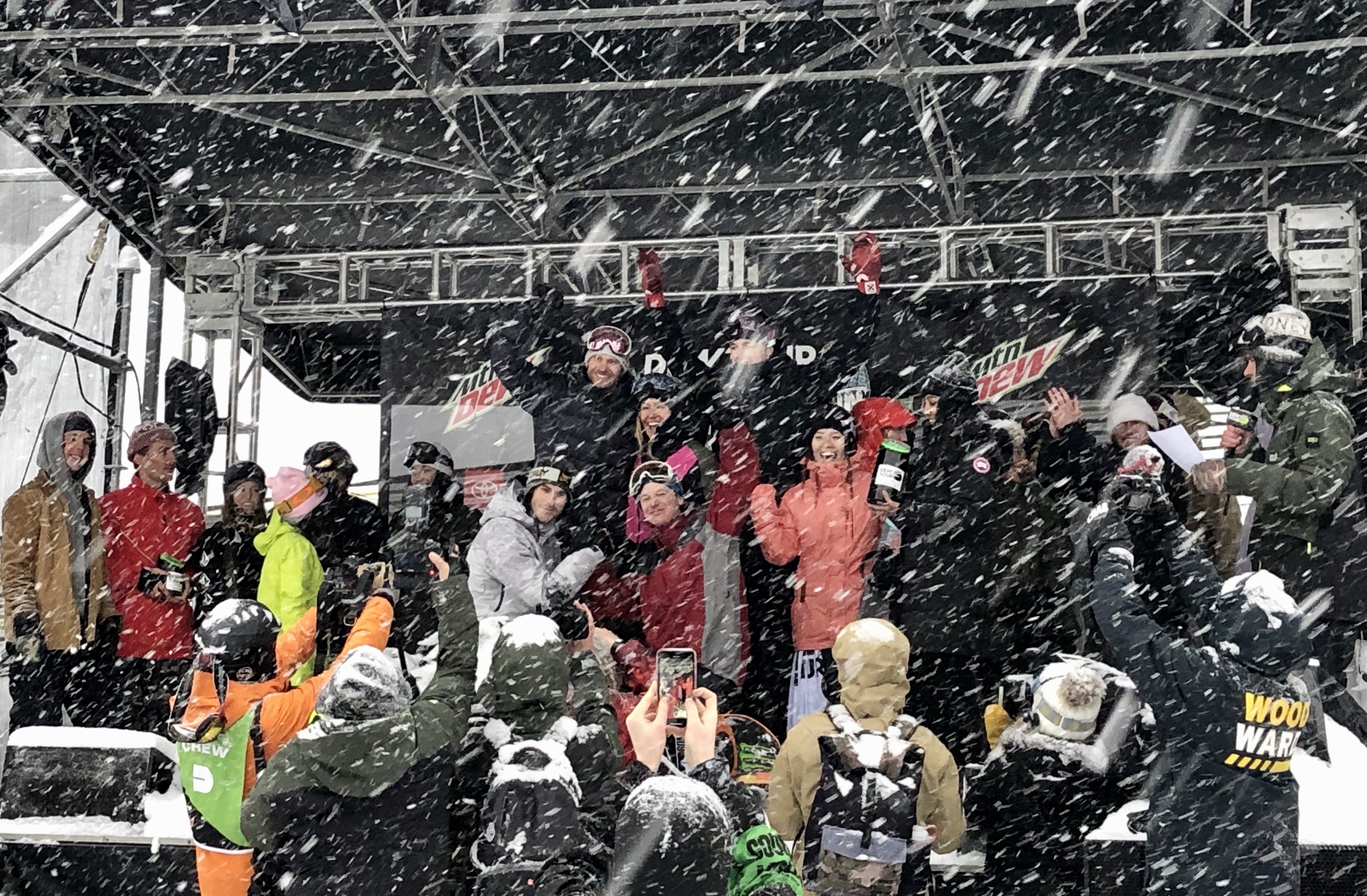 Team Volcom (left), Team Oakley (center), and Team Burton (right) on the 2020 Dew Tour Team Challenge Podium. (U.S. Ski & Snowboard - Andrew Gauthier) mens podium