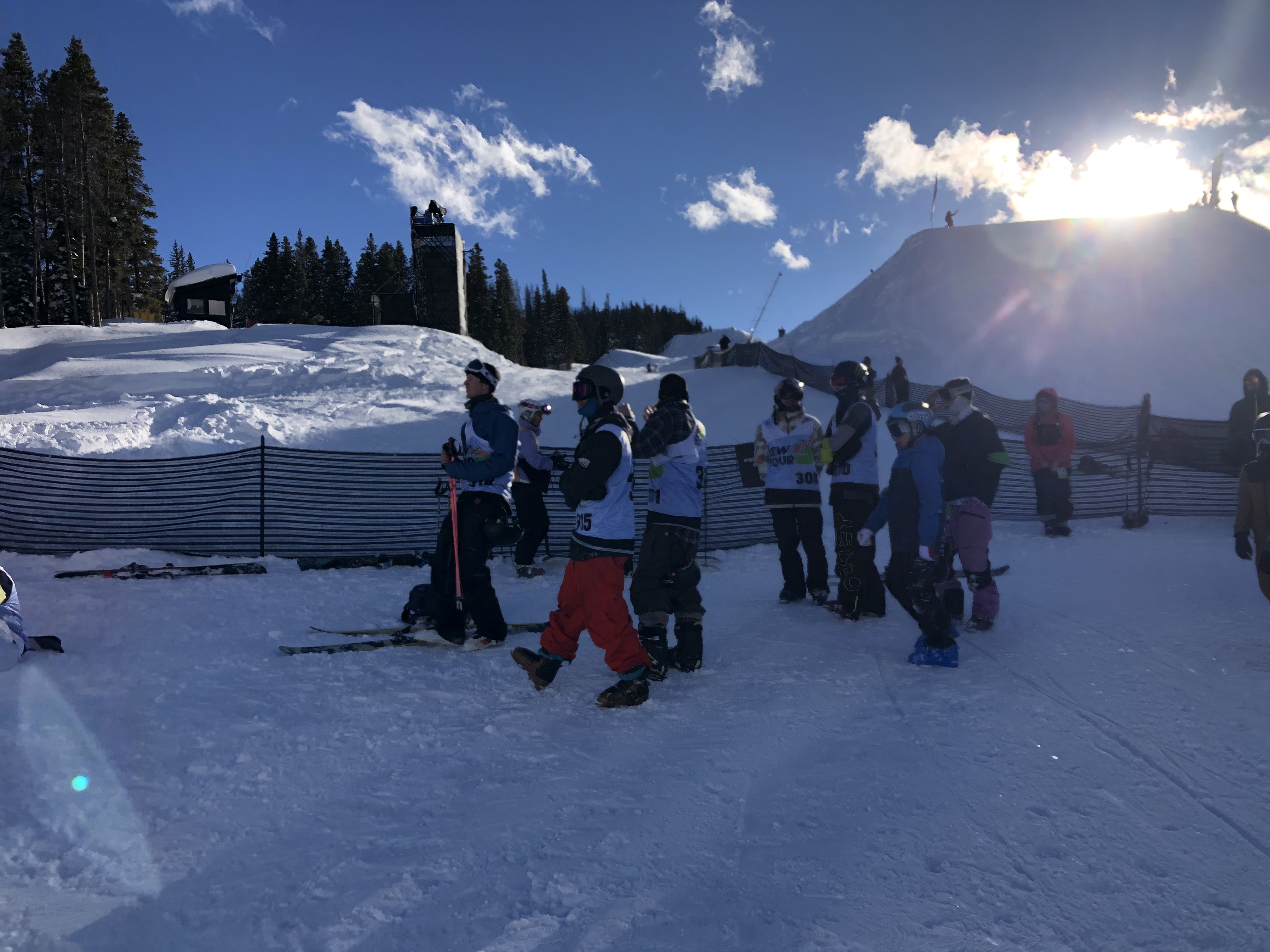Freeskiers hanging out at the bottom of the slopestyle course at the 2020 Dew Tour. (U.S. Ski & Snowboard - Andrew Gauthier) Athletes