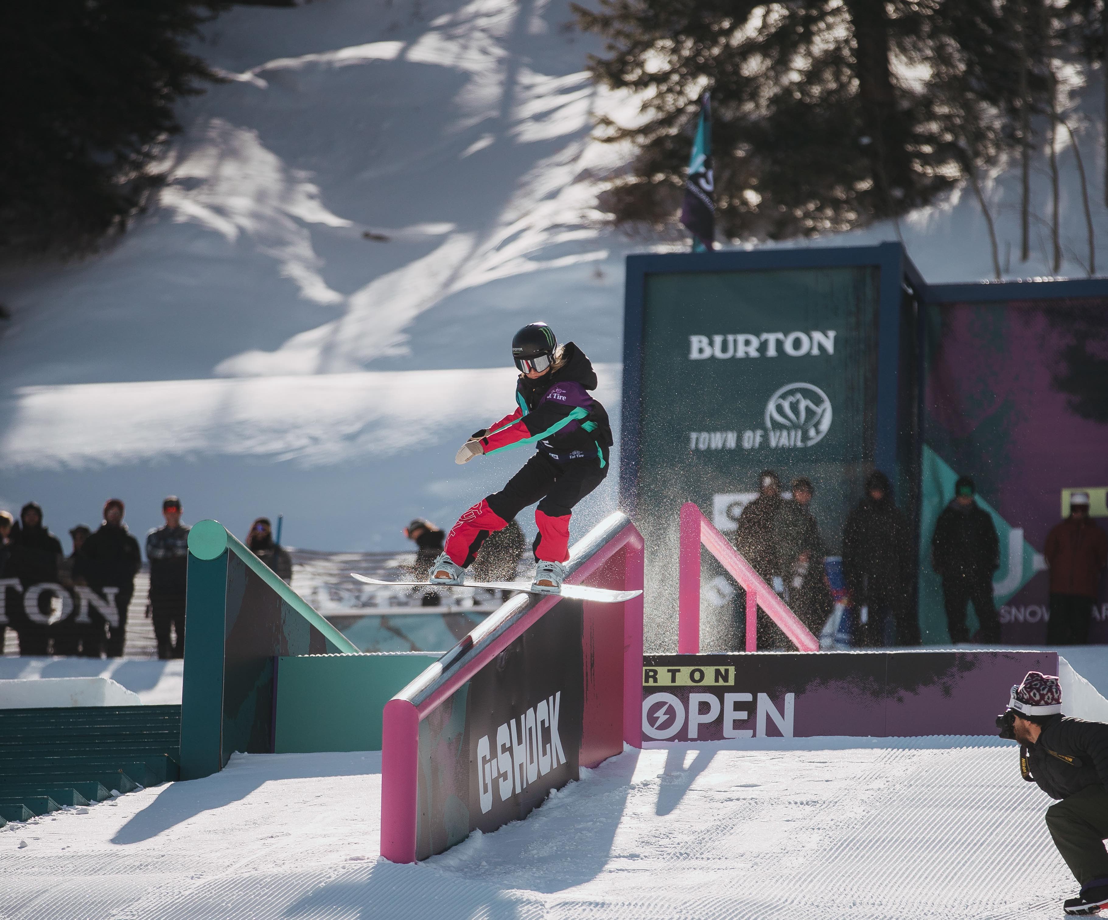 Jamie on course at the 2020 U.S. Open slopestyle podium at Vail, Colo. (Burton U.S. Open - Peter Cirilli) Jamie rail