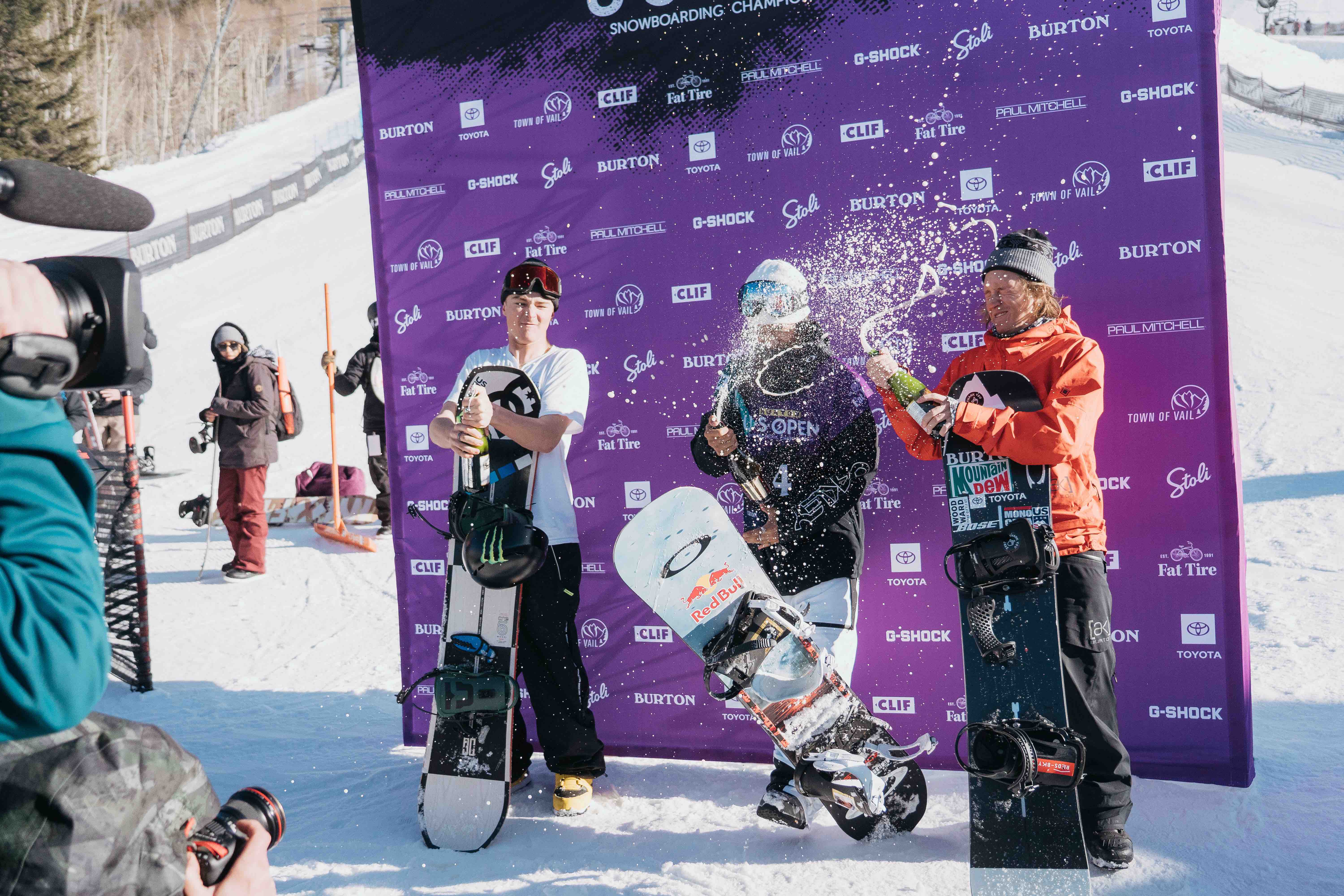 Dusty Henricksen (left), Yuki Kadono (center), and Red Gerard (right) on the 2020 U.S. Open slopestyle podium at Vail, Colo. (Burton U.S. Open - Peter Cirilli) dusty