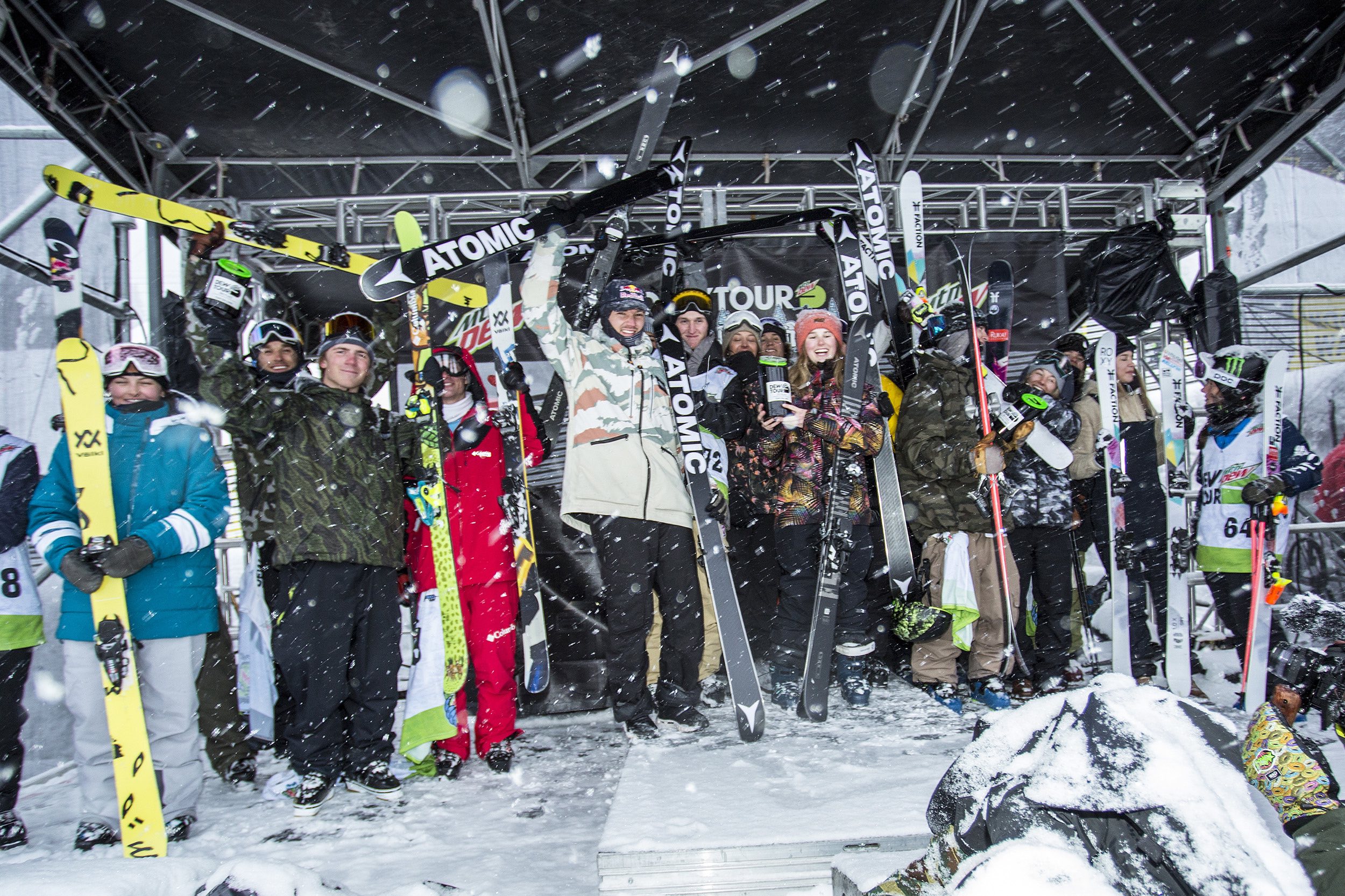Team Volkl (left), Team Atomic (center), and Team Faction (right) on the 2020 Dew Tour Team Challenge Podium. (Dew Tour - Ortiz) Dew Tour Ski podium