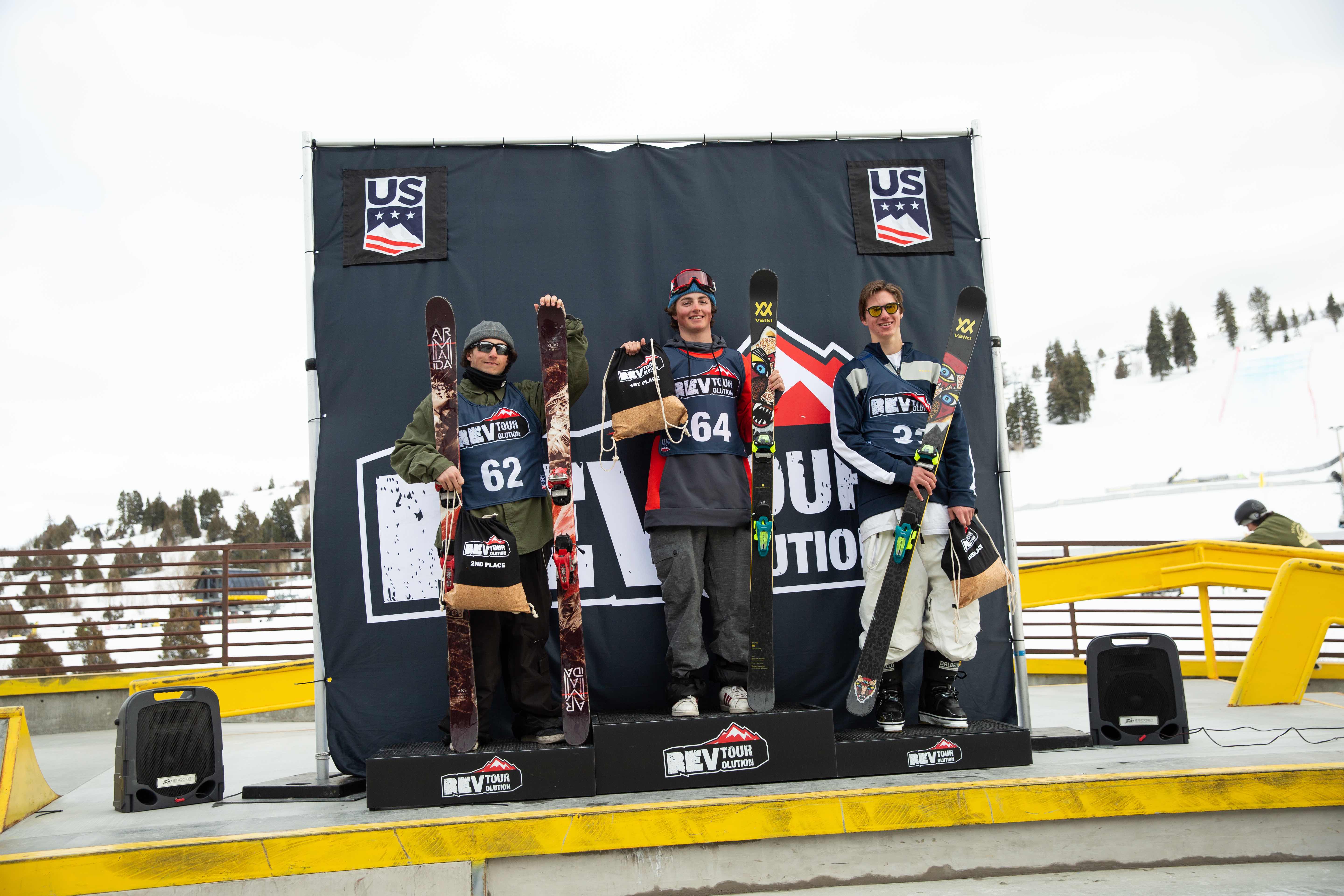 Tim Ryan (left), Hunter Henderson (center), and Kiernan Fagan (right) on the freeski big air podium at the 2020 U.S. Rev Tour at Woodward Park City (U.S. Ski & Snowboard - Sarah Brunson) Tim, Hunter,