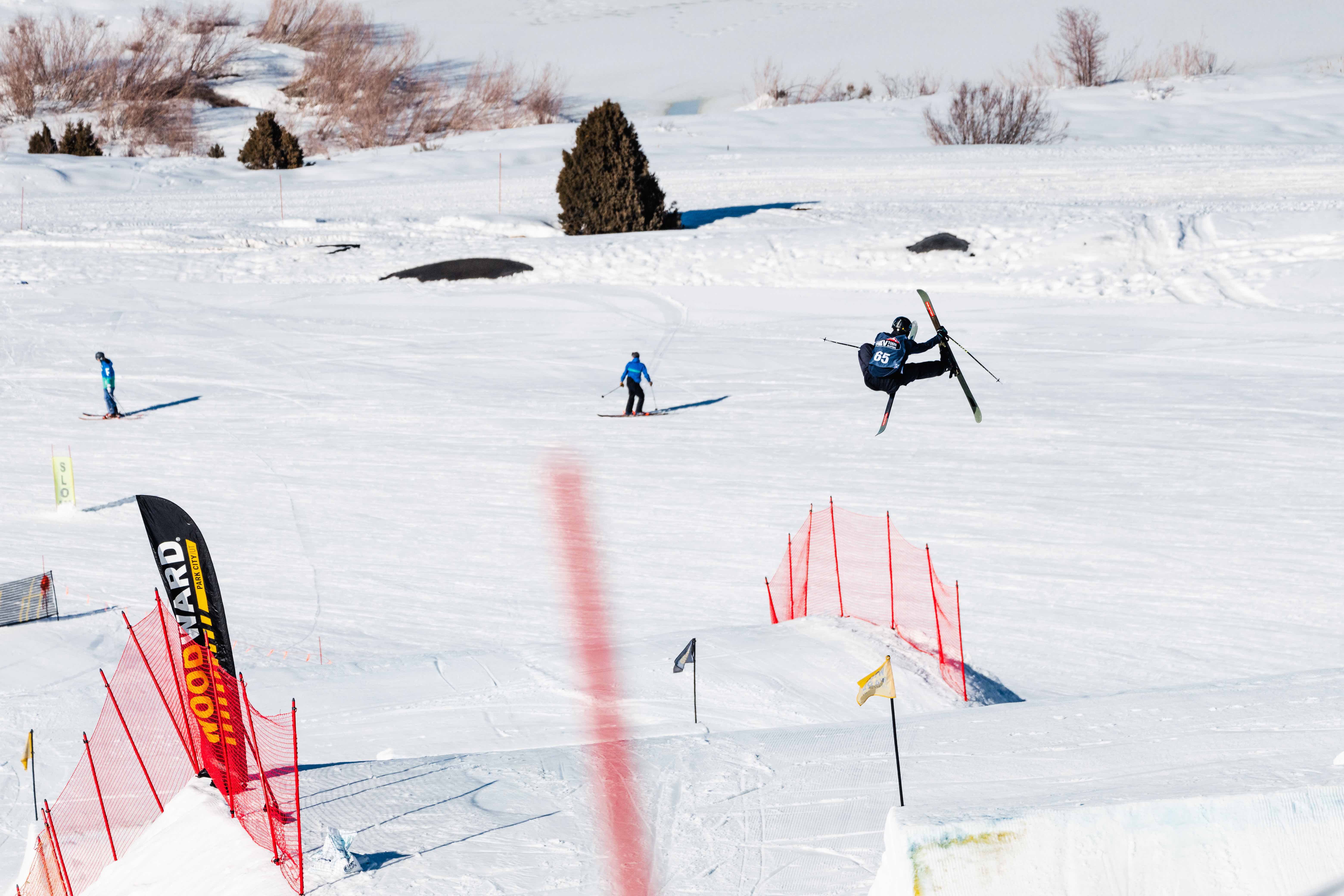 U.S. Rev Tour freeski athlete airborne at Woodward Park City. (U.S. Ski & Snowboard - Christian Raguse @gooser) Freeskier 2