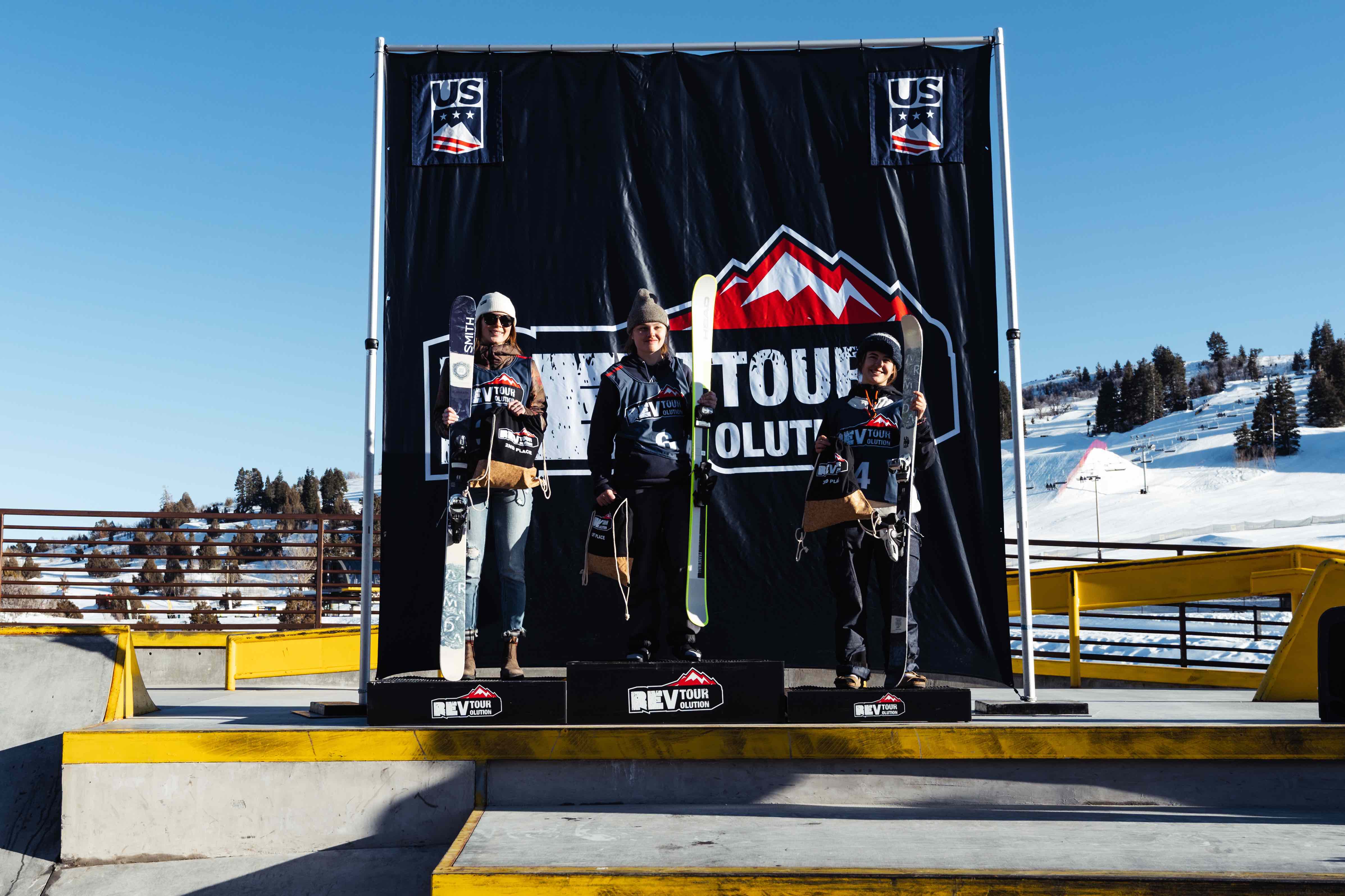 Megan Cressey (left), Marin Hamill (center), and Rell Harwood (right) on the slopestyle podium at the 2020 Woodward Park City Rev Tour. (U.S. Ski & Snowboard - Christian Raguse @gooser) Marin, Rell