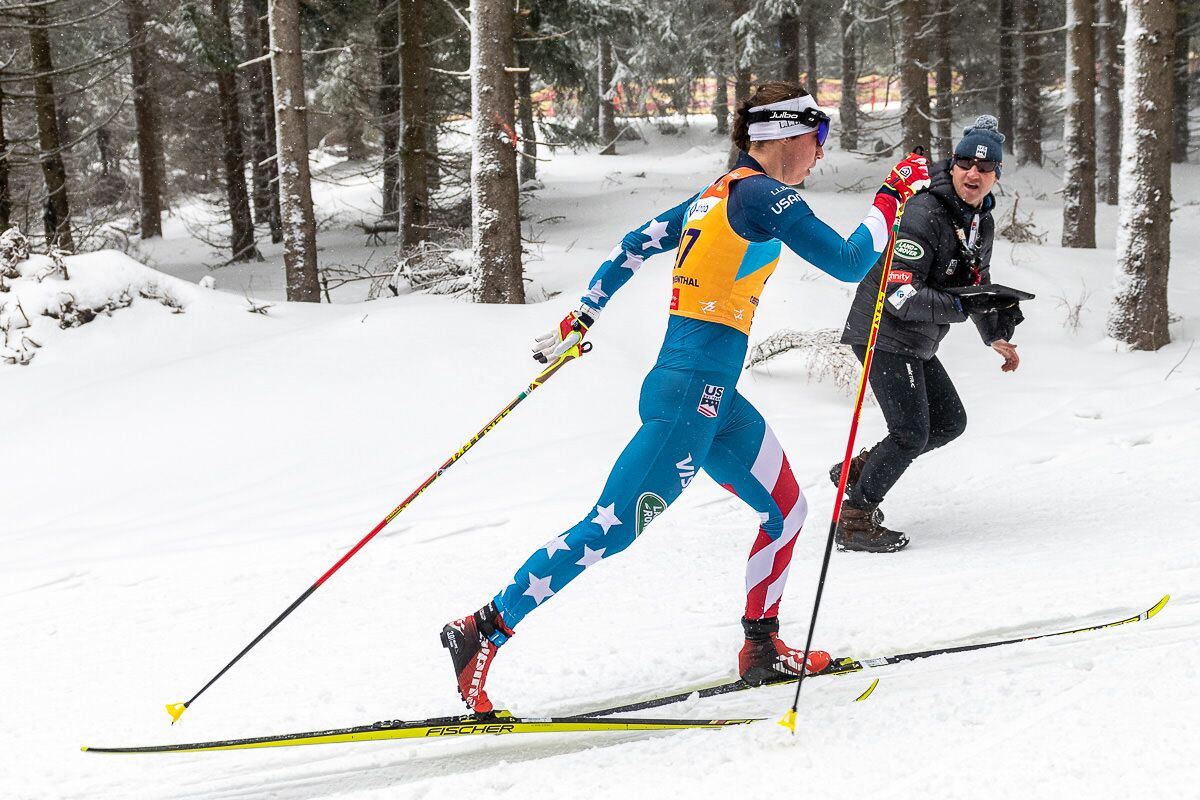 Julia Kern is cheered on by U.S. Ski & Snowboard's Bryan Fish during the 10k classic. (@flyingpoint) Julia Kern is cheered on by U.S. Ski & Snowboard's Bryan Fish during the 10k classic. (@flyingpoint)